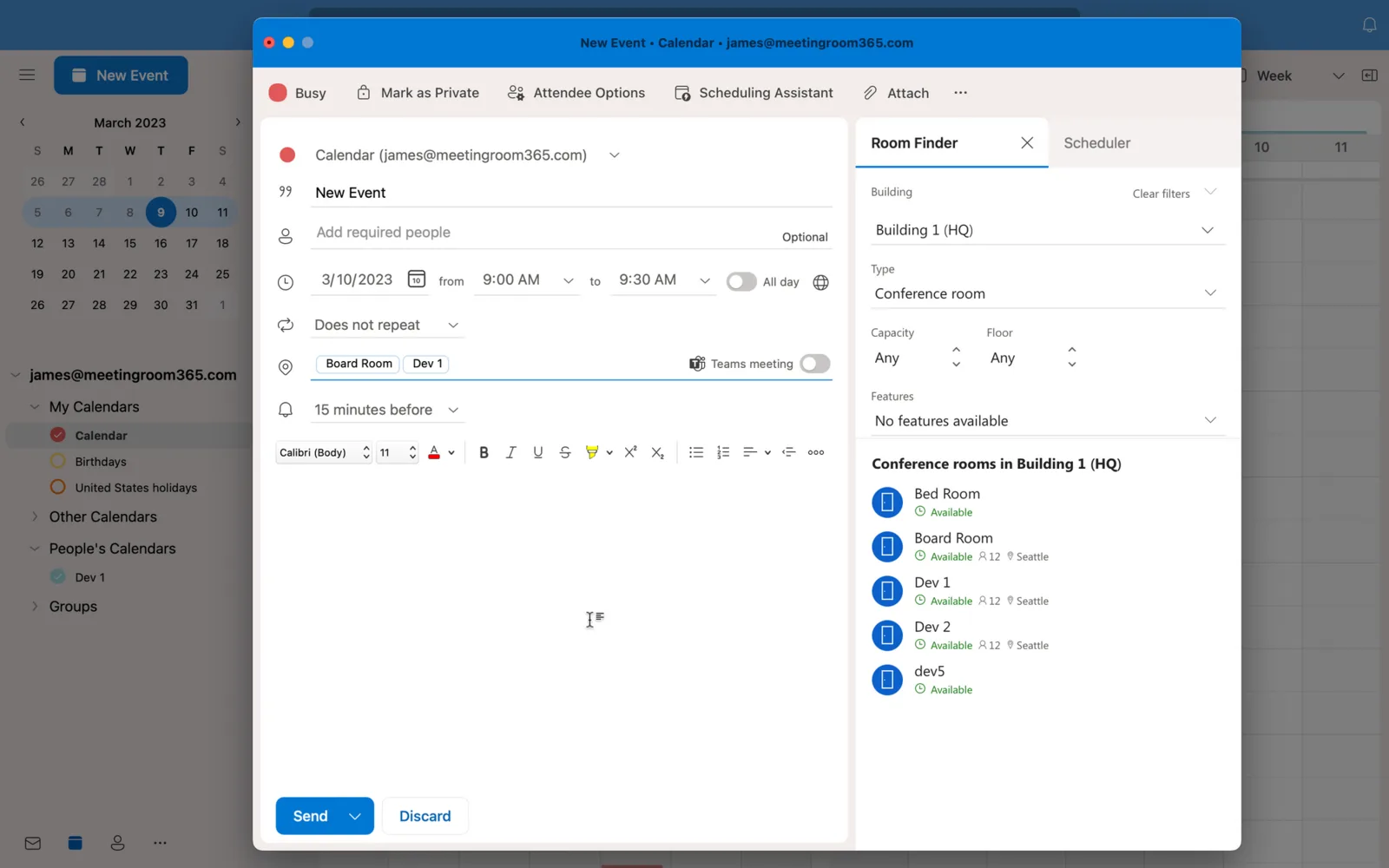 Outlook Room Finder with a conference room selected and added to the event location