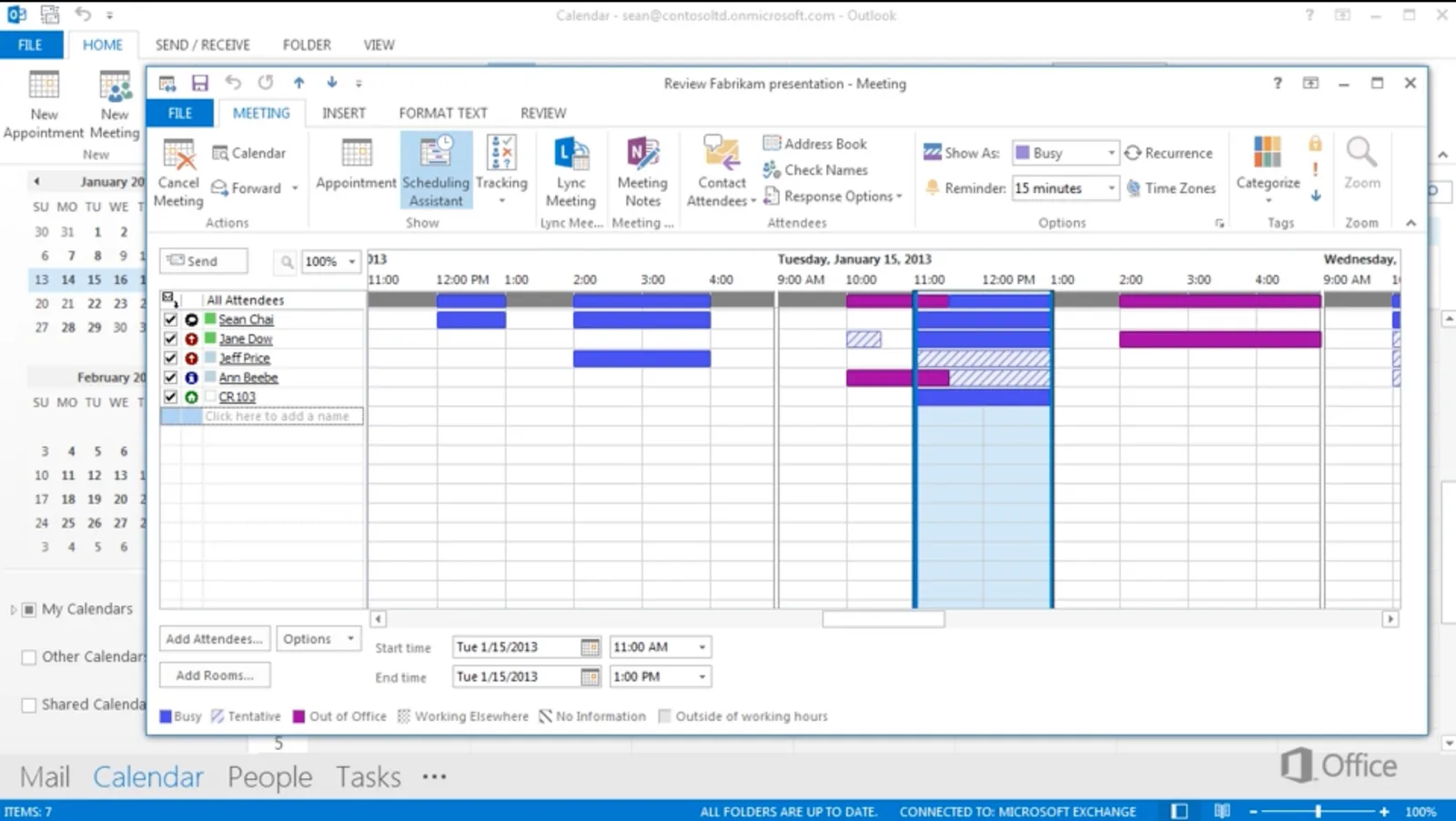 Outlook desktop Scheduling Assistant showing attendee availability across a timeline grid