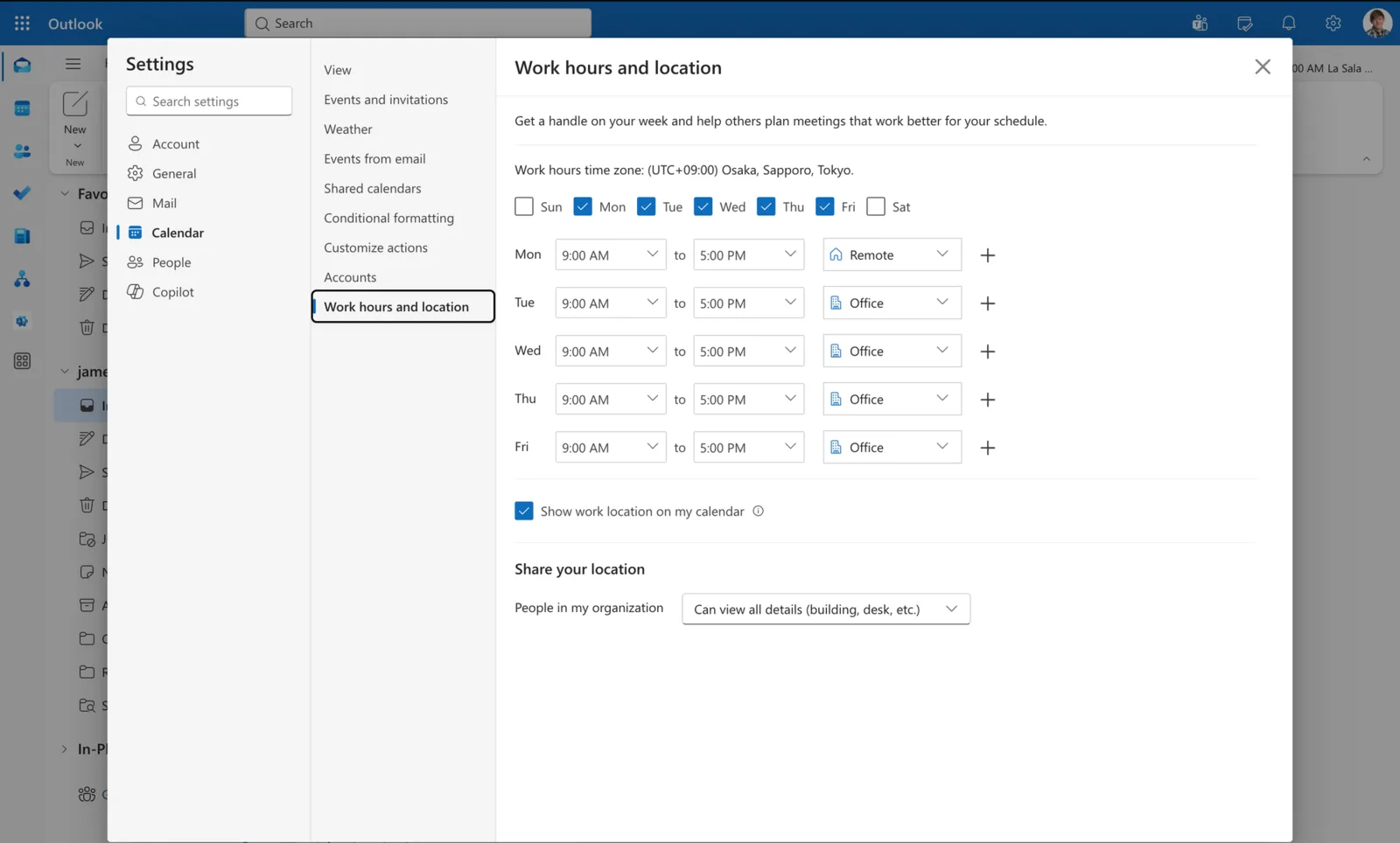 Outlook settings for work hours and location showing the working day, week and per-day location