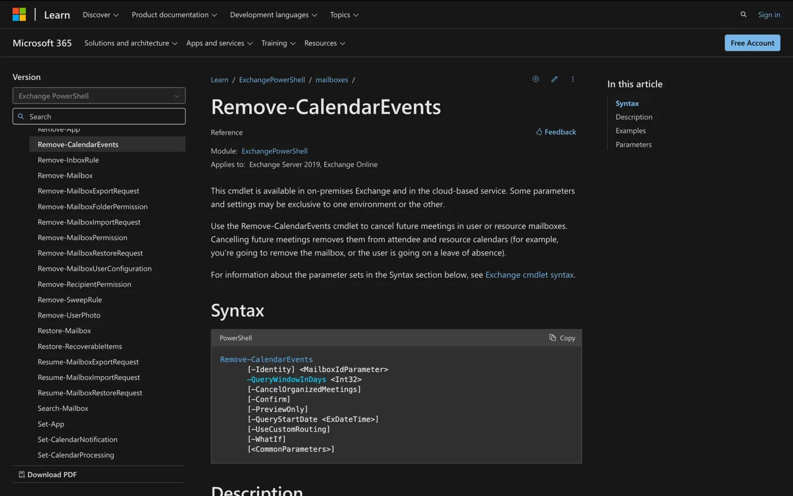 Microsoft Learn documentation for the Remove-CalendarEvents cmdlet showing its PowerShell syntax