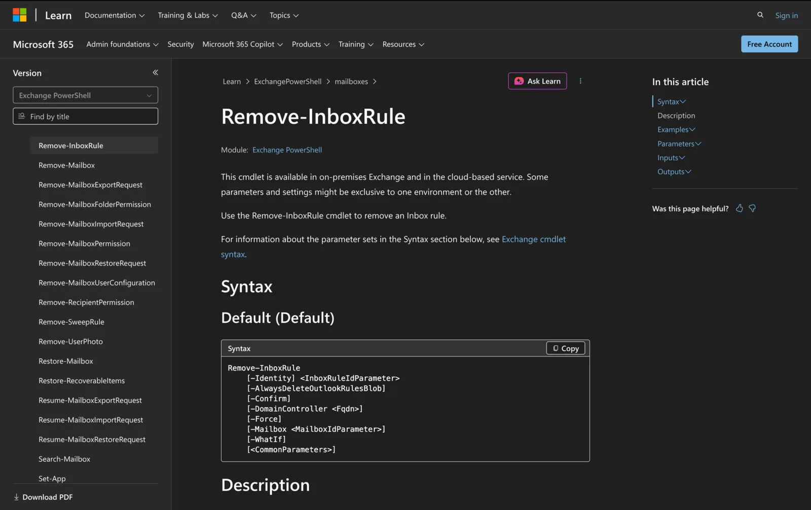 Microsoft Learn documentation for the Remove-InboxRule cmdlet showing its PowerShell syntax
