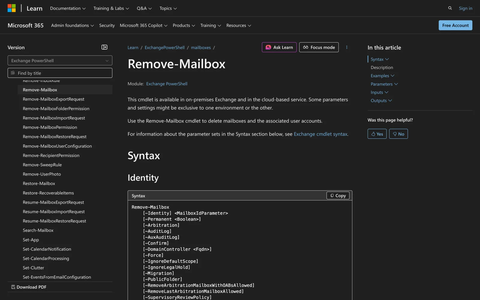 Microsoft Learn documentation for the Remove-Mailbox cmdlet showing its PowerShell syntax