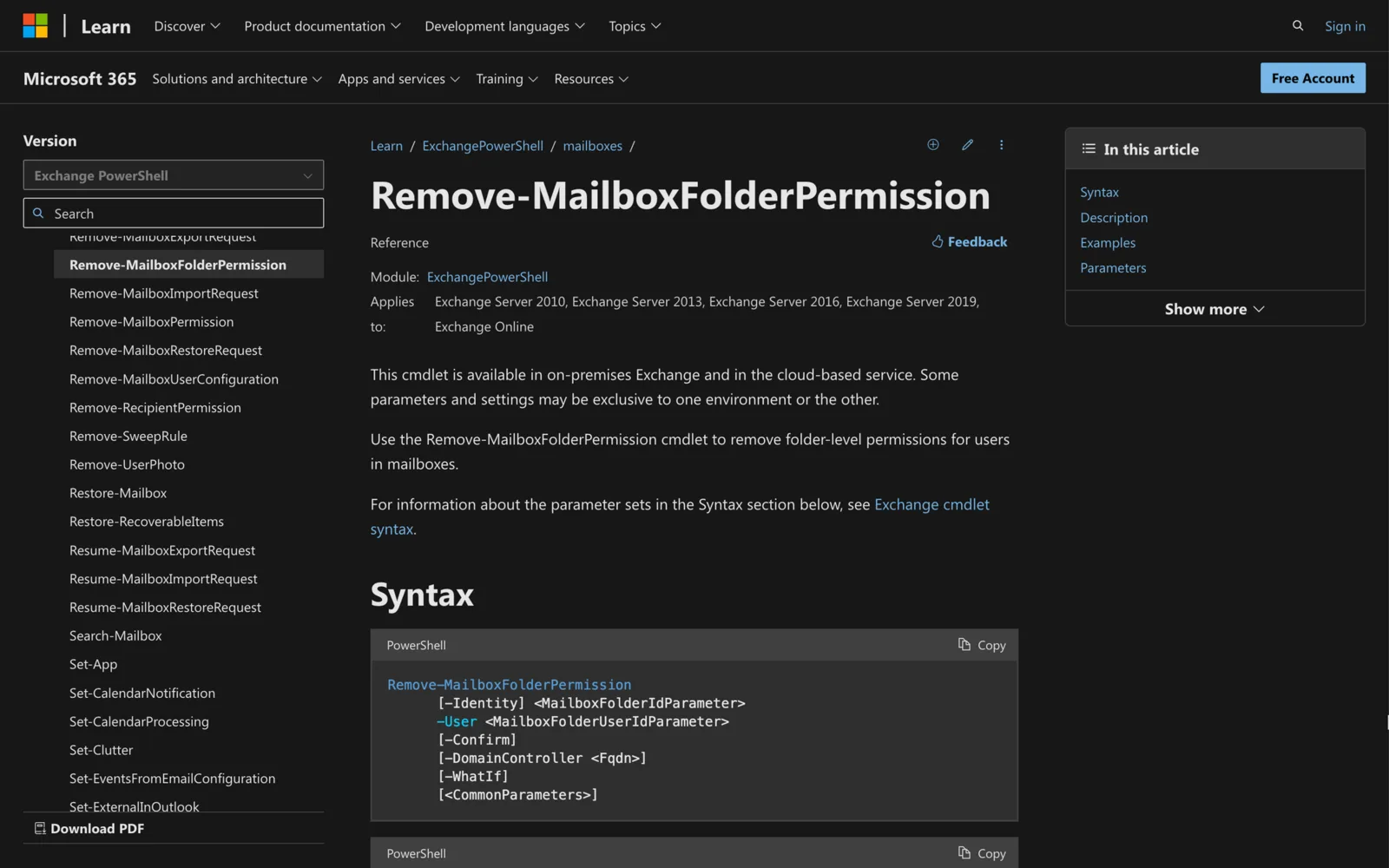 Microsoft Learn documentation for the Remove-MailboxFolderPermission cmdlet showing its PowerShell syntax