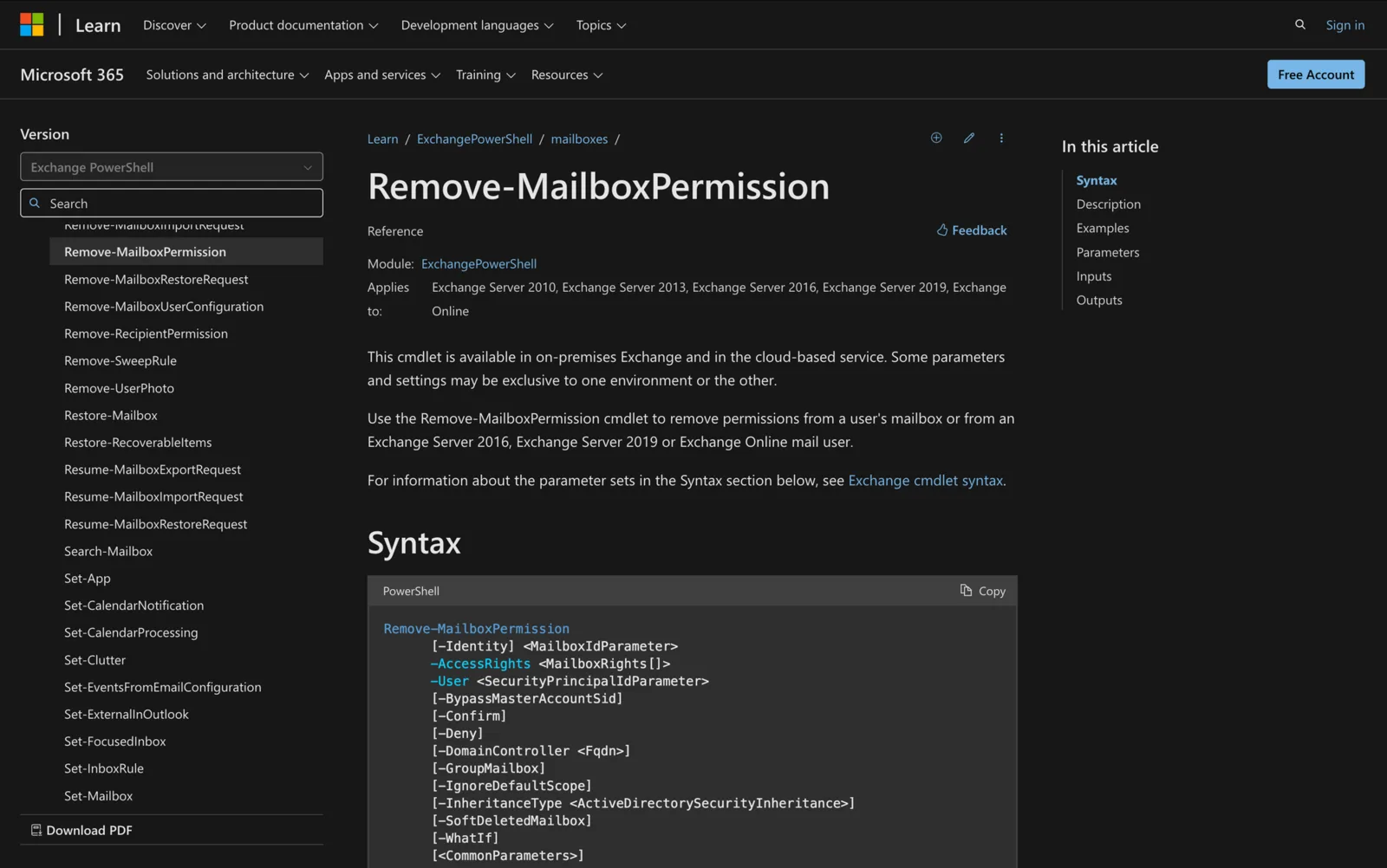 Microsoft Learn documentation for the Remove-MailboxPermission cmdlet showing its PowerShell syntax