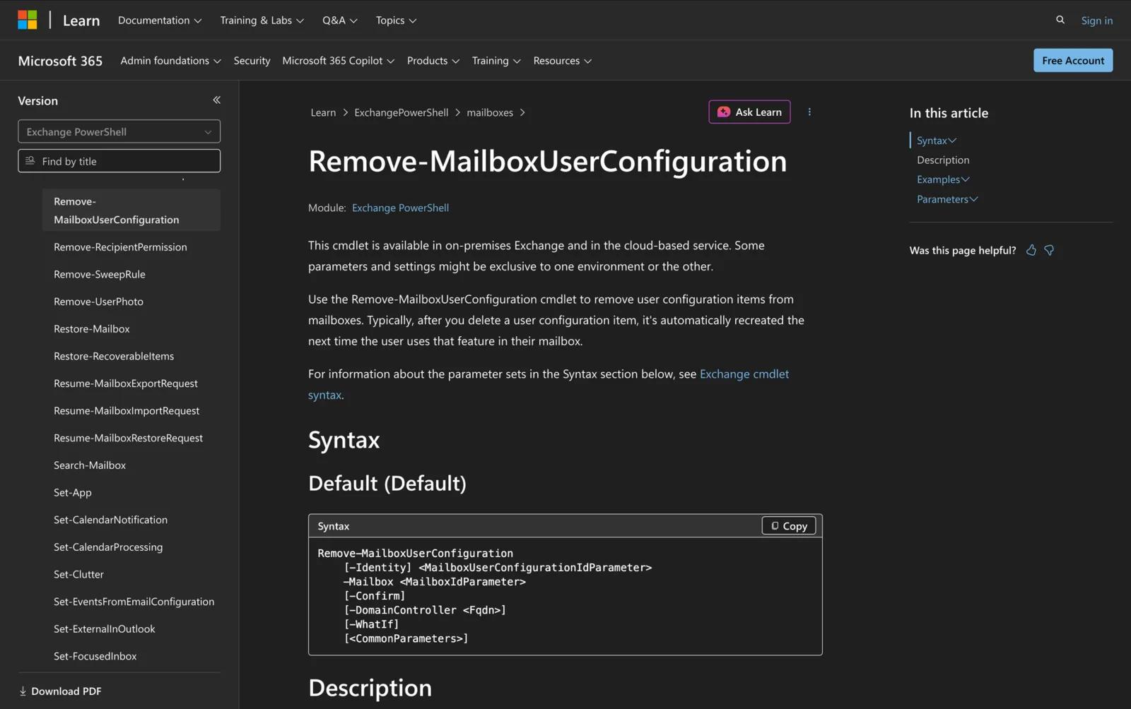 Microsoft Learn documentation for the Remove-MailboxUserConfiguration cmdlet showing its PowerShell syntax