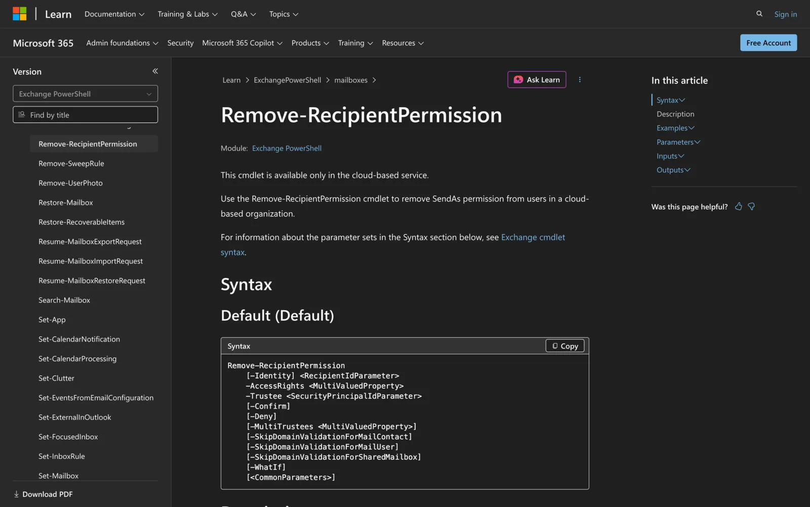 Microsoft Learn documentation for the Remove-RecipientPermission cmdlet showing its PowerShell syntax