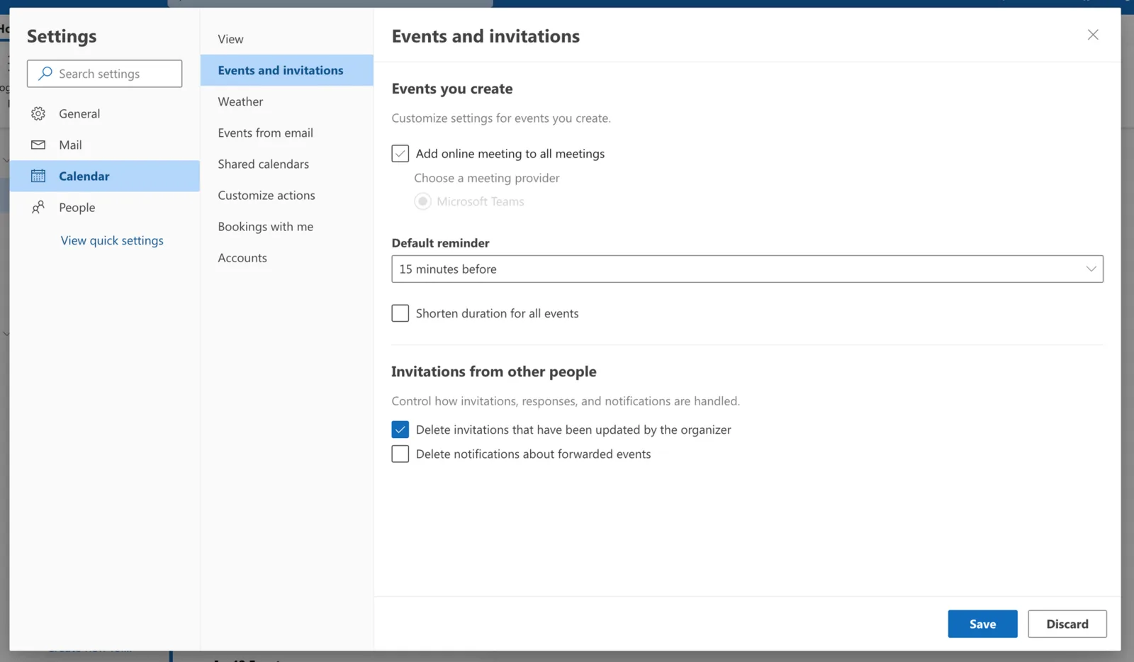 Outlook Events and invitations settings with Add online meeting to all meetings selected