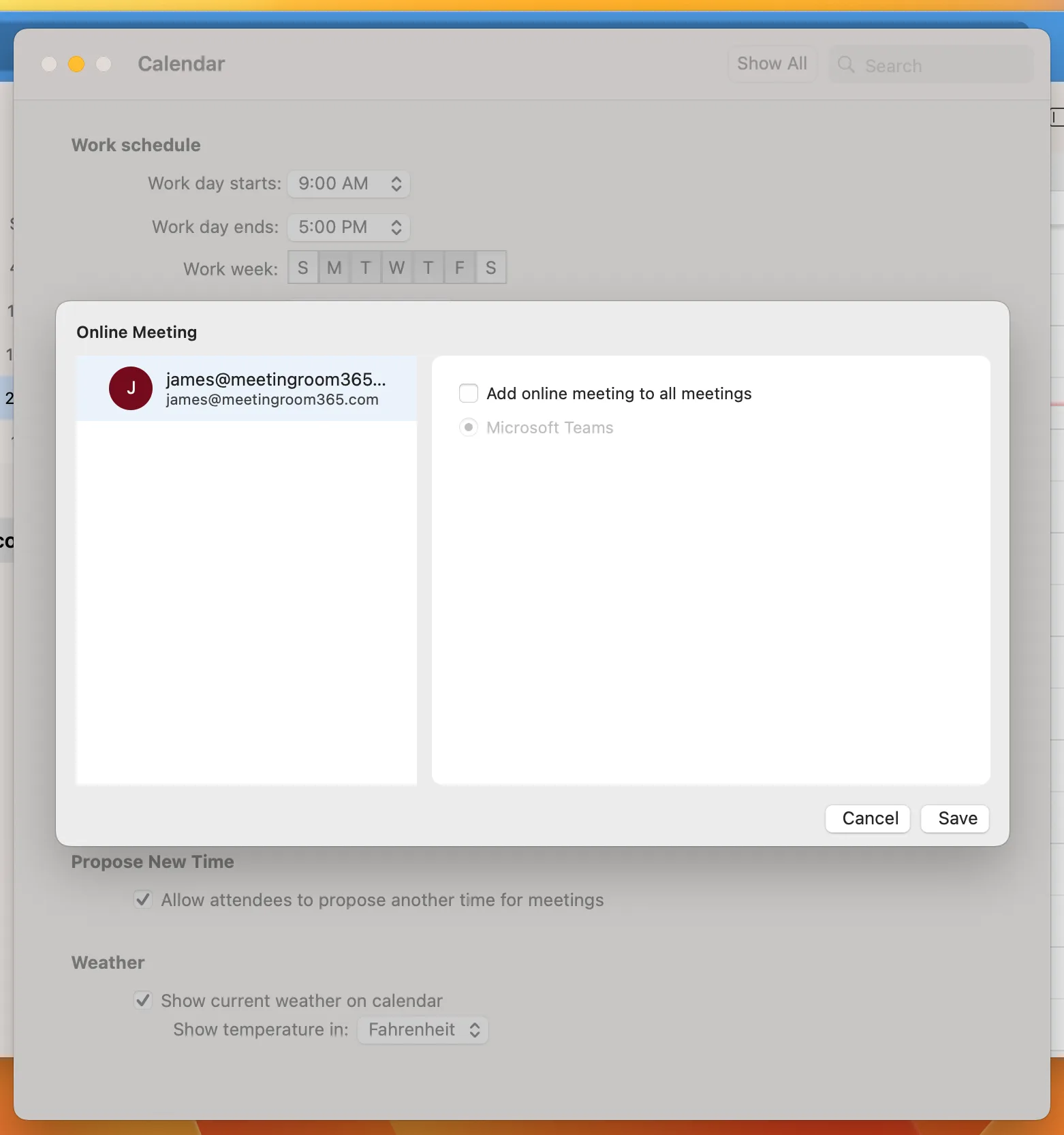 Outlook for Mac calendar preferences with the Online Meeting account settings open