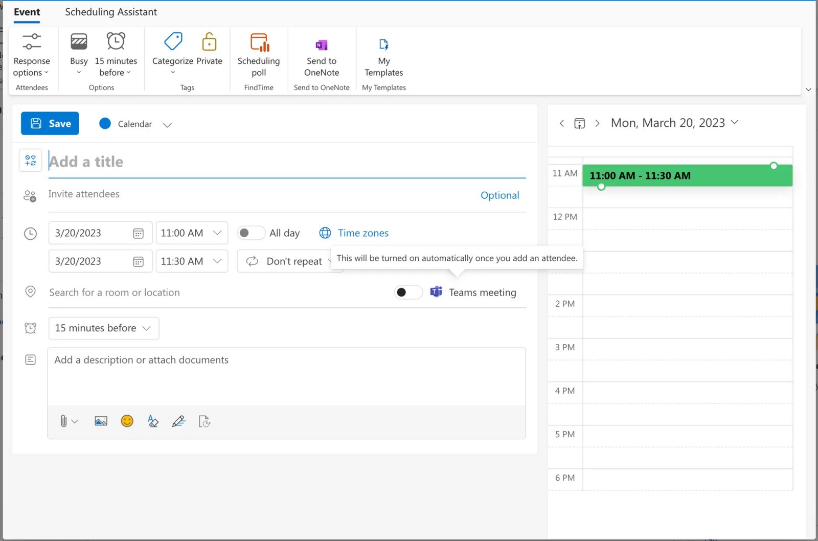Outlook on the web event form with the Teams meeting toggle beside the location field