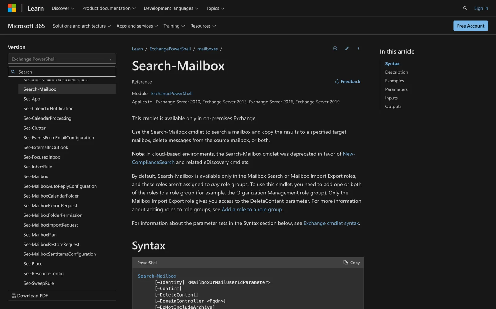 Microsoft Learn documentation for the Search-Mailbox cmdlet showing its PowerShell syntax