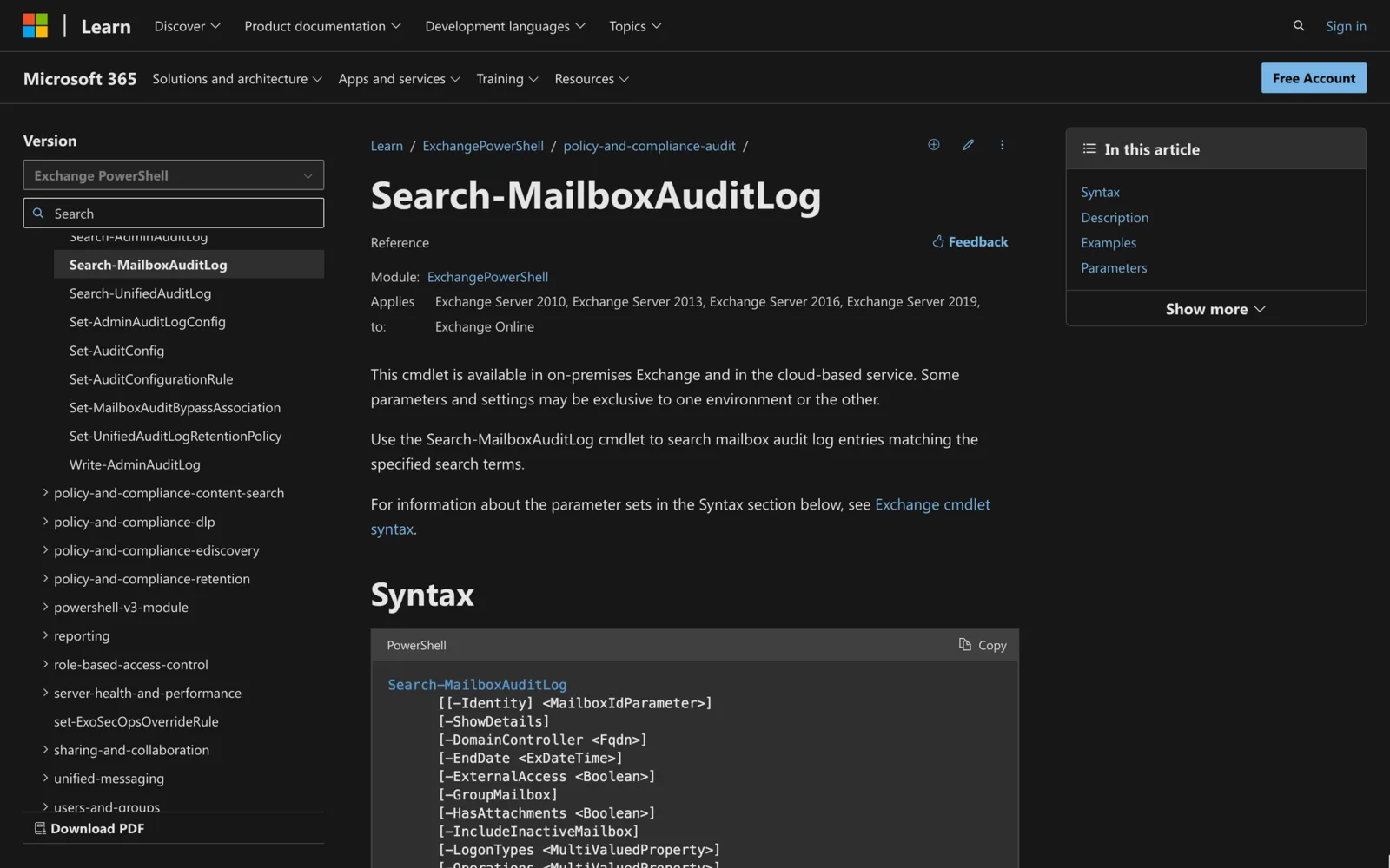 Microsoft Learn documentation for the Search-MailboxAuditLog cmdlet showing its PowerShell syntax
