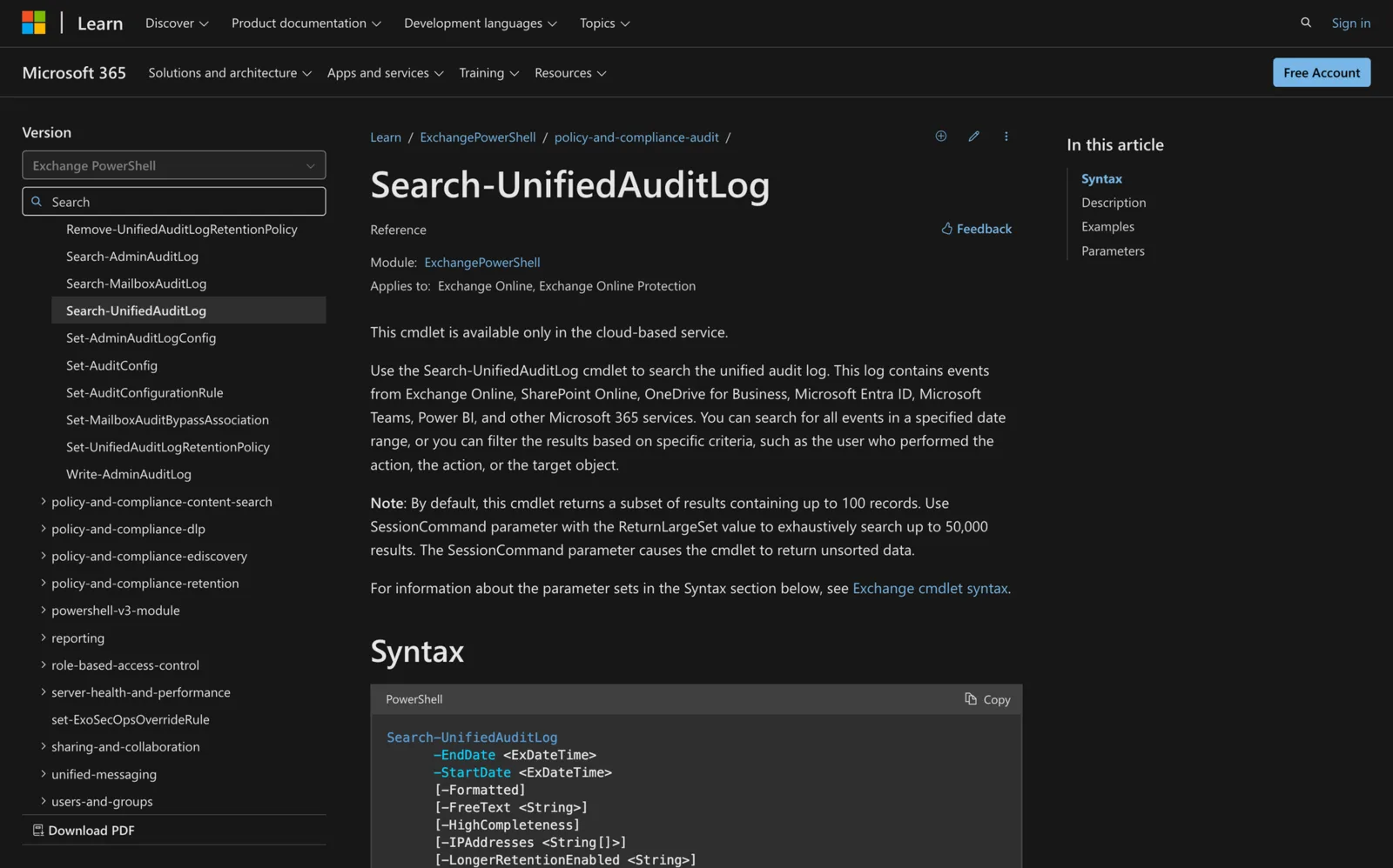 Microsoft Learn documentation for the Search-UnifiedAuditLog cmdlet showing its PowerShell syntax