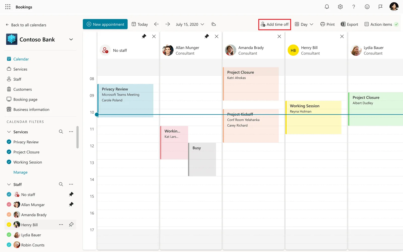 Microsoft Bookings calendar showing appointments across several staff columns