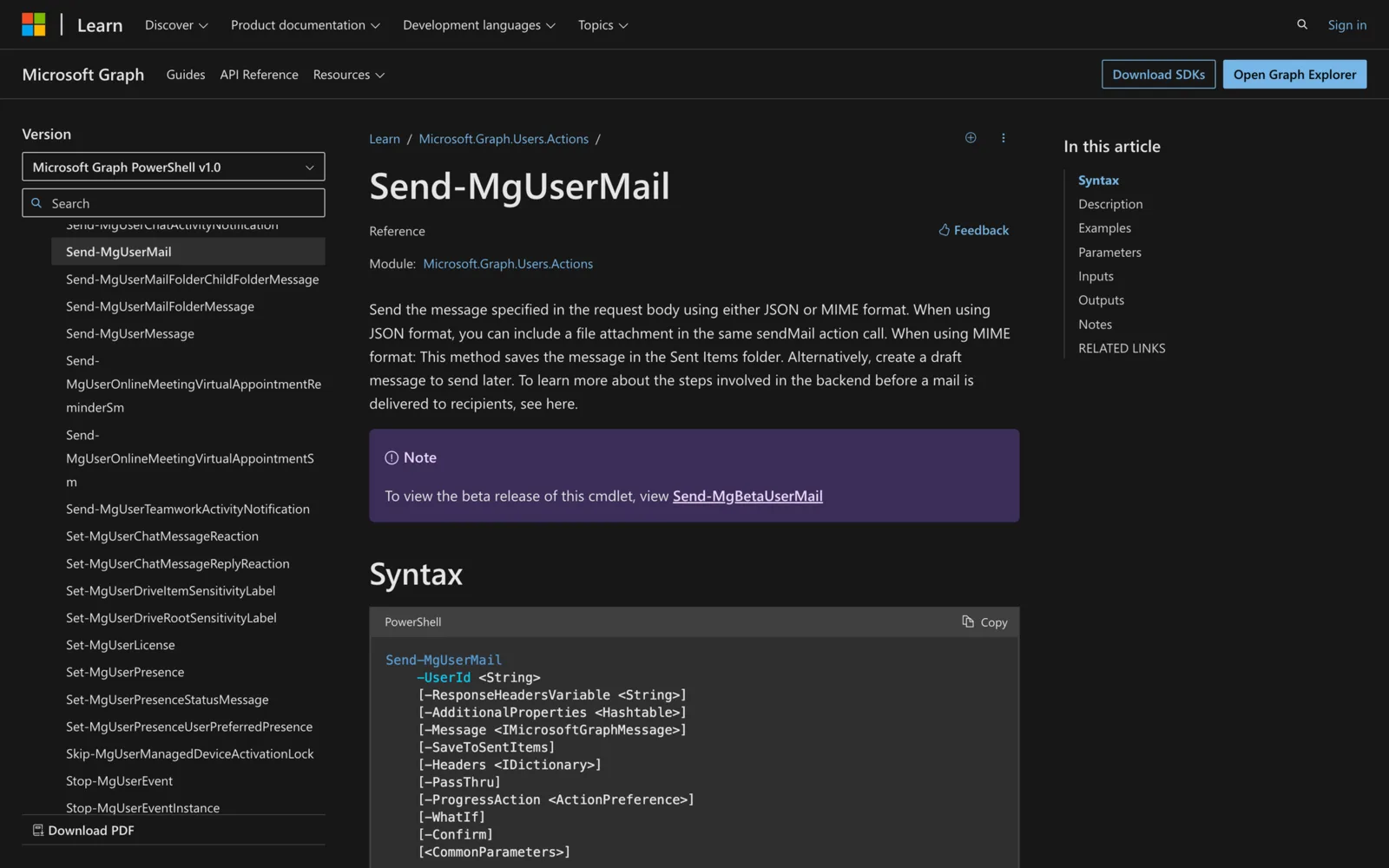 Microsoft Learn documentation for the Send-MgUserMail cmdlet showing its PowerShell syntax