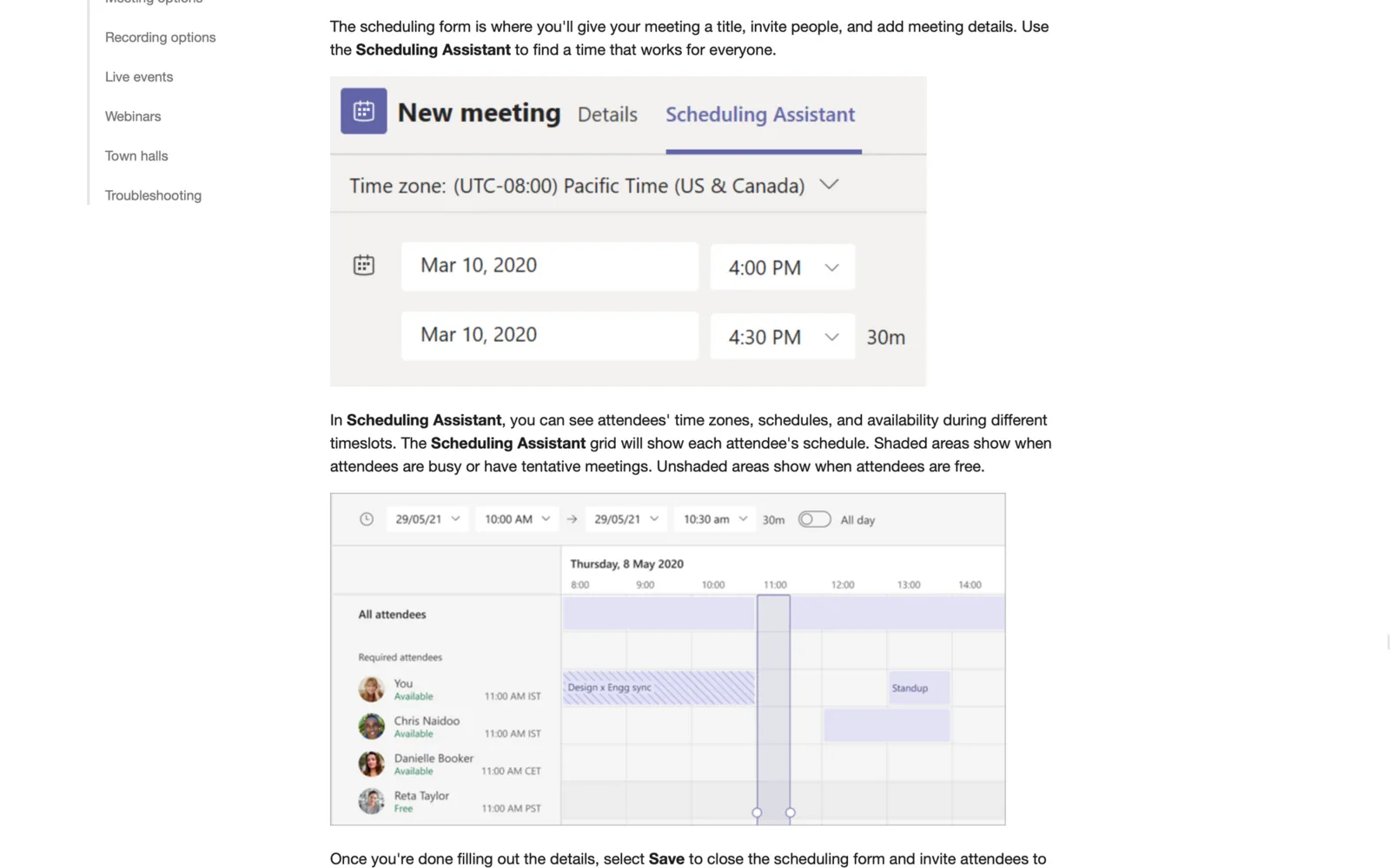 Microsoft Teams new meeting form alongside the Scheduling Assistant attendee availability grid
