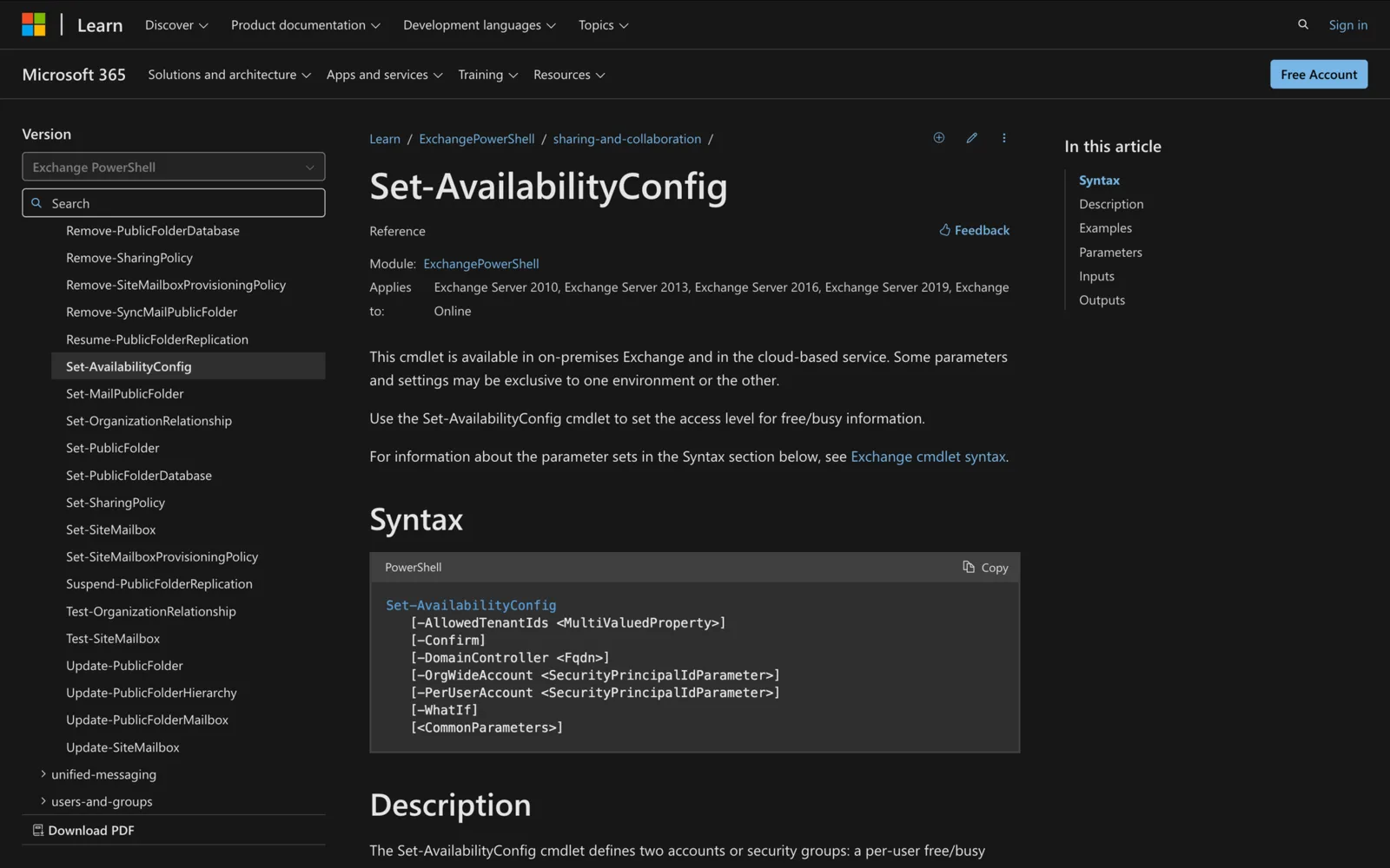 Microsoft Learn documentation for the Set-AvailabilityConfig cmdlet showing its PowerShell syntax