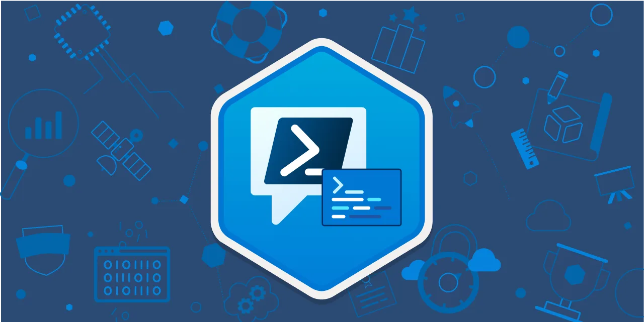 PowerShell logo illustration on a blue technical background
