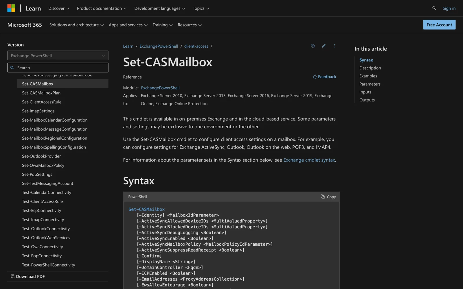 Microsoft Learn documentation for the Set-CASMailbox cmdlet showing its PowerShell syntax
