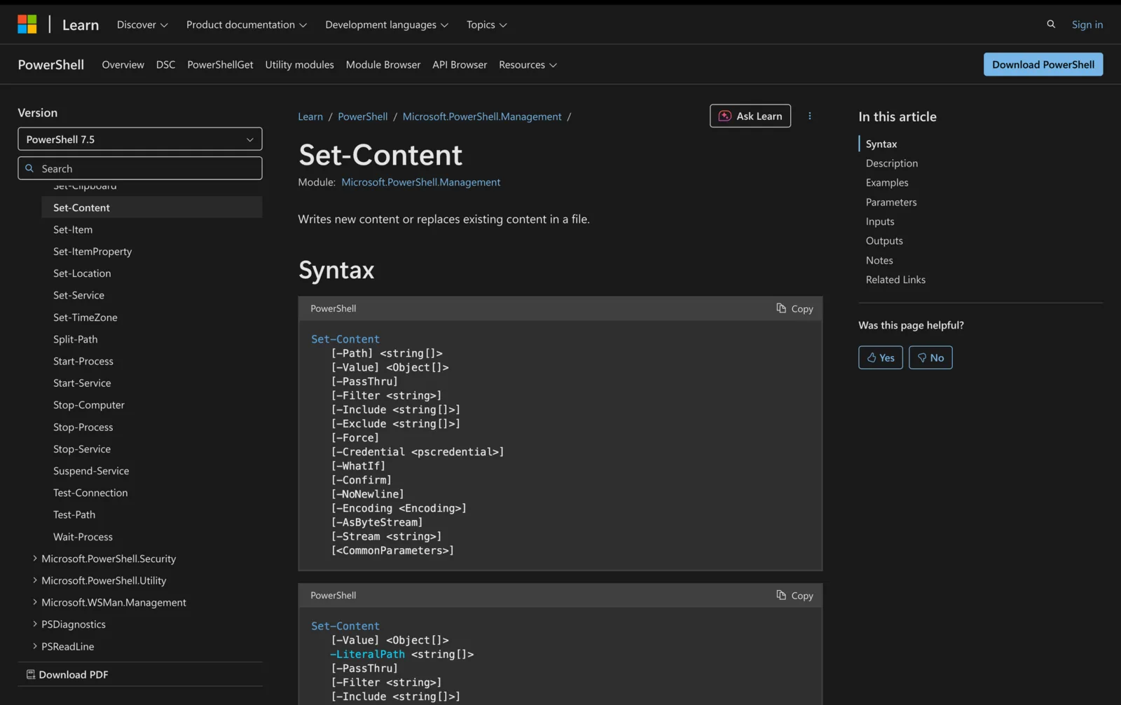 Microsoft Learn documentation for the Set-Content cmdlet showing its PowerShell syntax