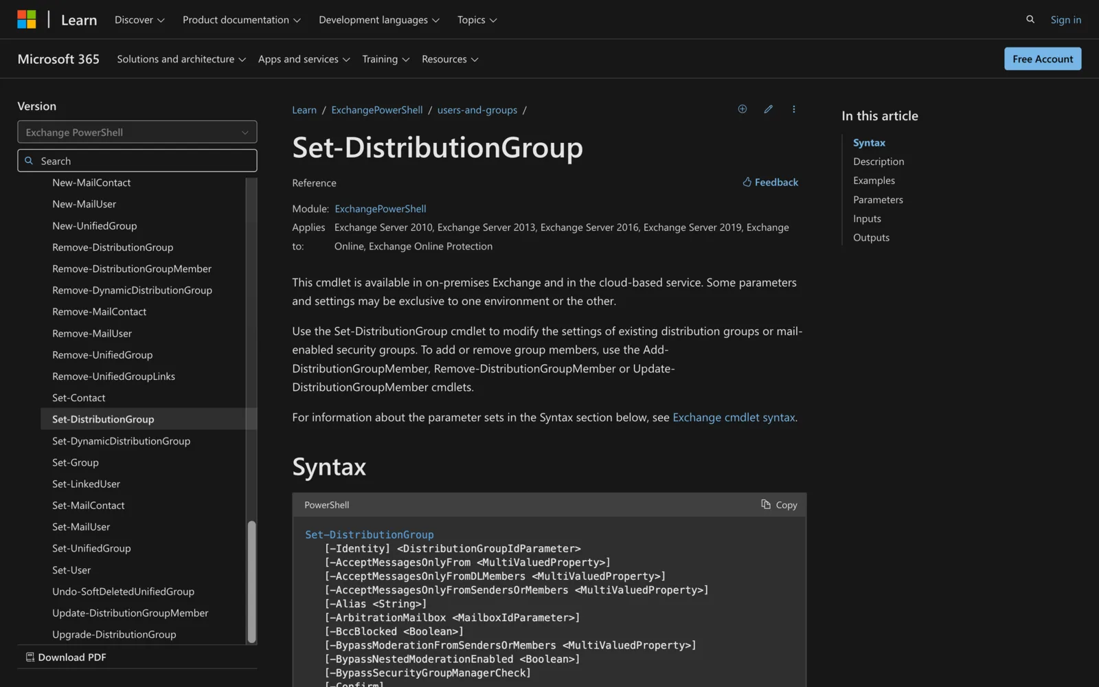 Microsoft Learn documentation for the Set-DistributionGroup cmdlet showing its PowerShell syntax