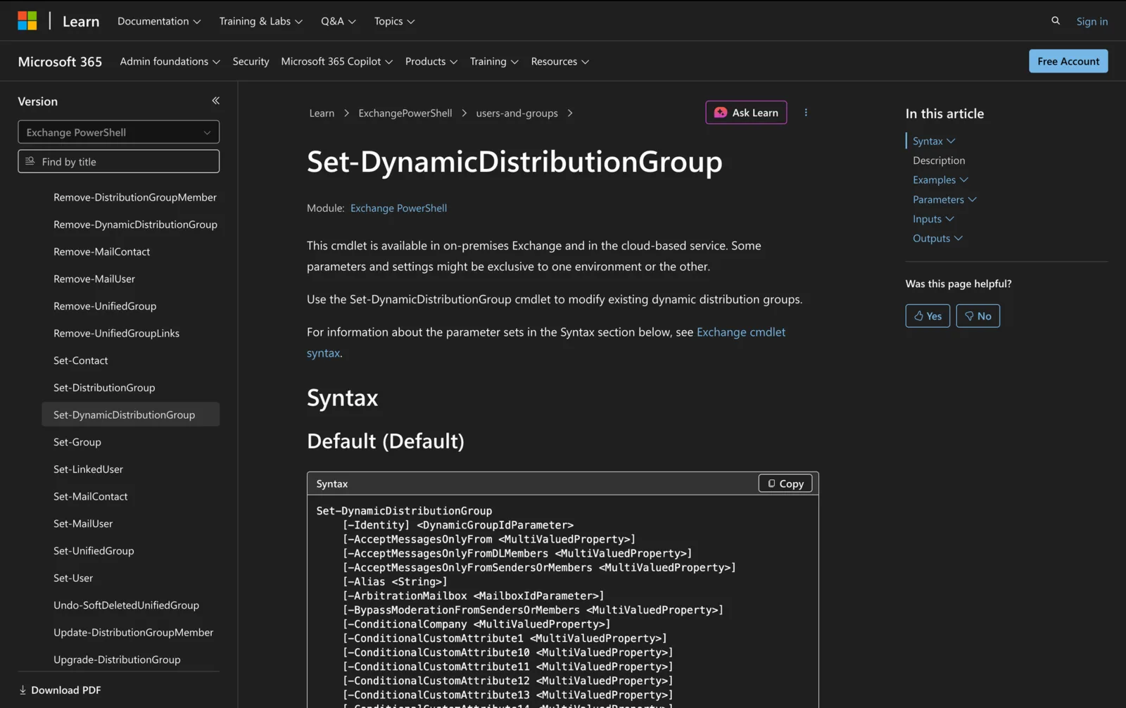 Microsoft Learn documentation for the Set-DynamicDistributionGroup cmdlet showing its PowerShell syntax