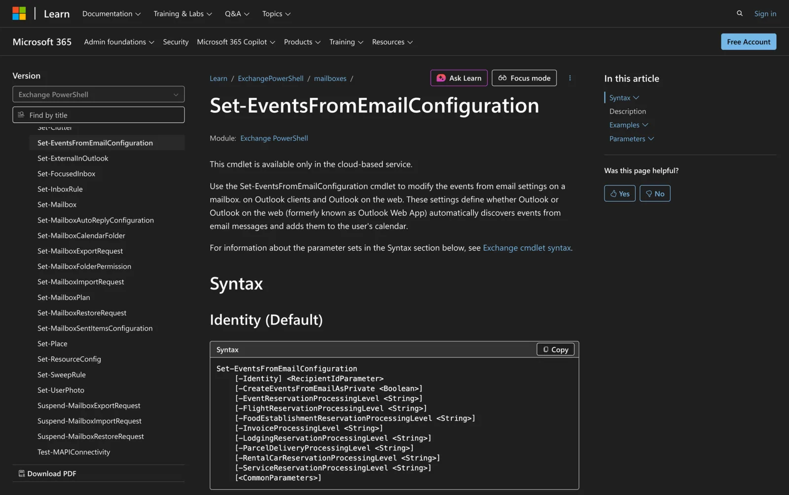 Microsoft Learn documentation for the Set-EventsFromEmailConfiguration cmdlet showing its PowerShell syntax
