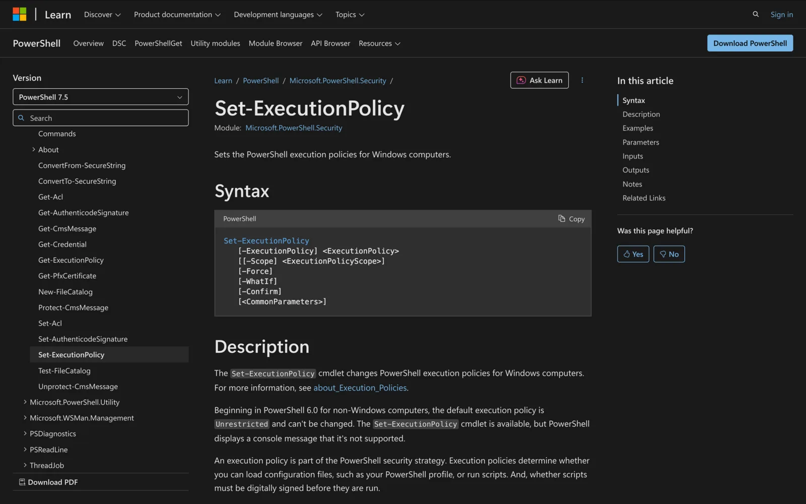 Microsoft Learn documentation for the Set-ExecutionPolicy cmdlet showing its PowerShell syntax