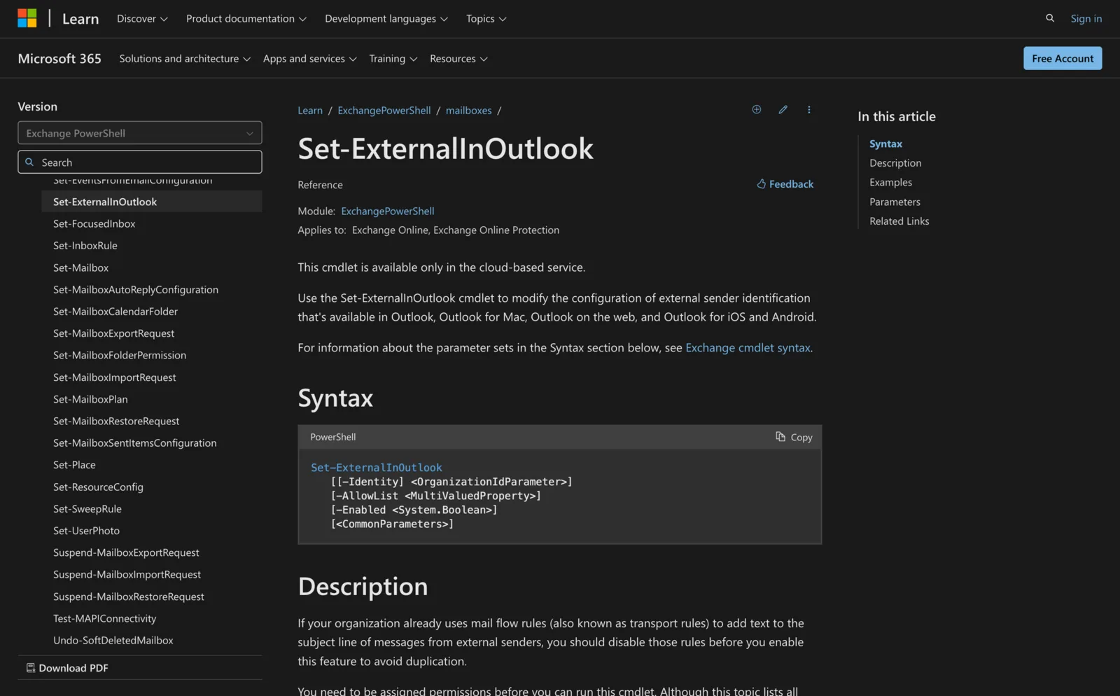 Microsoft Learn documentation for the Set-ExternalInOutlook cmdlet showing its PowerShell syntax