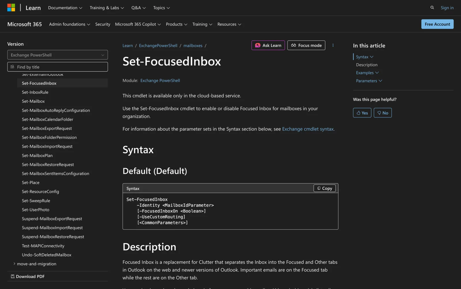 Microsoft Learn documentation for the Set-FocusedInbox cmdlet showing its PowerShell syntax