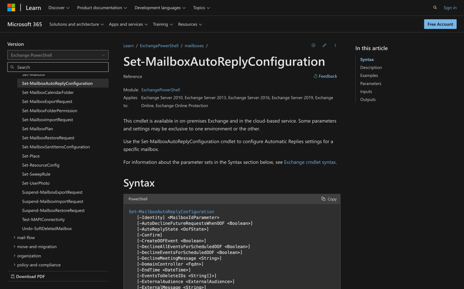 Microsoft Learn documentation for the Set-MailboxAutoReplyConfiguration cmdlet showing its PowerShell syntax