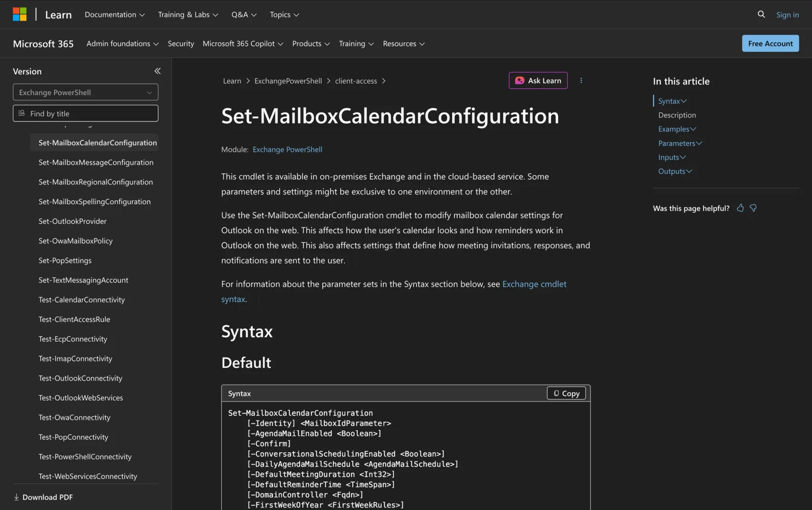 Microsoft Learn documentation for the Set-MailboxCalendarConfiguration cmdlet showing its PowerShell syntax