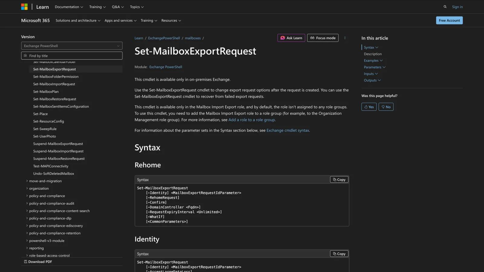 Microsoft Learn documentation for the Set-MailboxExportRequest cmdlet showing its PowerShell syntax