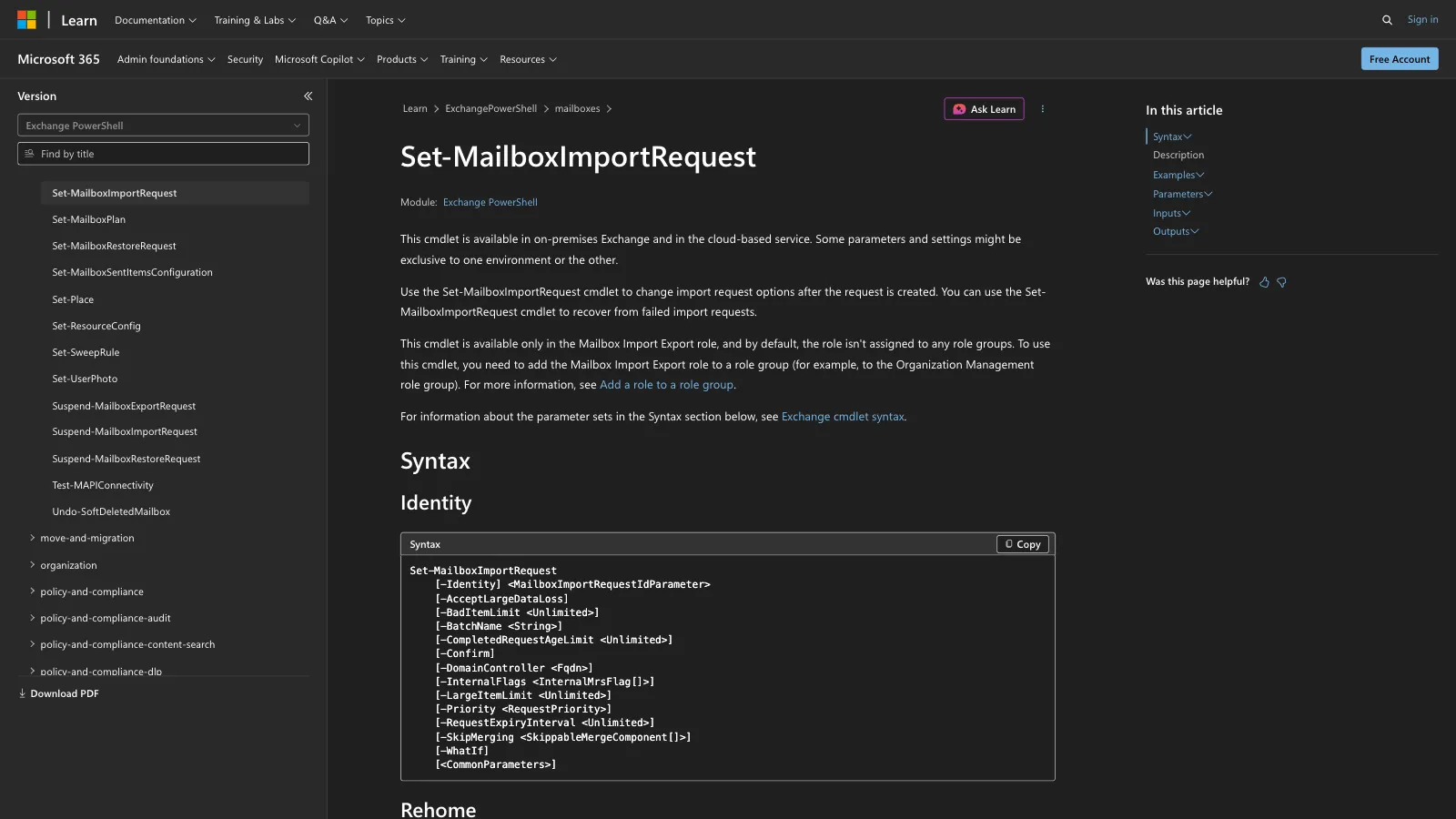 Microsoft Learn documentation for the Set-MailboxImportRequest cmdlet showing its PowerShell syntax