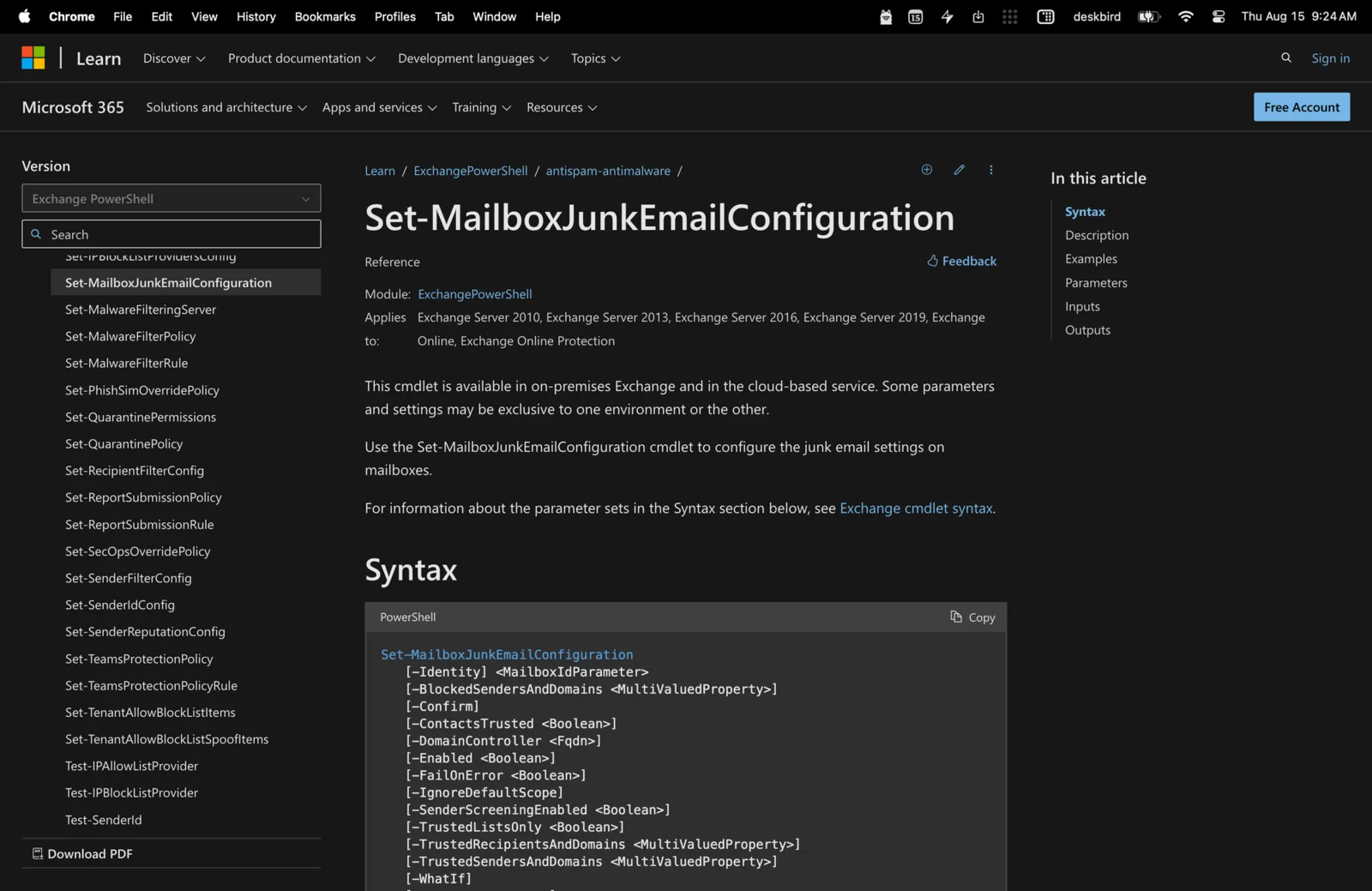 Microsoft Learn documentation for the Set-MailboxJunkEmailConfiguration cmdlet showing its PowerShell syntax
