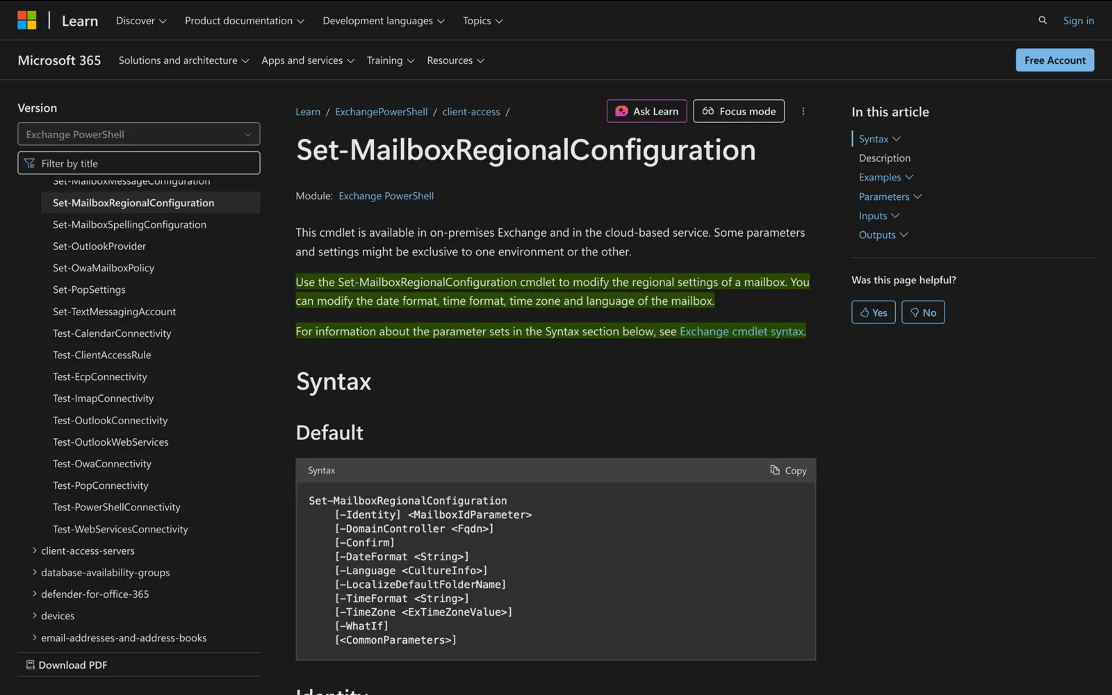 Microsoft Learn documentation for the Set-MailboxRegionalConfiguration cmdlet showing its PowerShell syntax