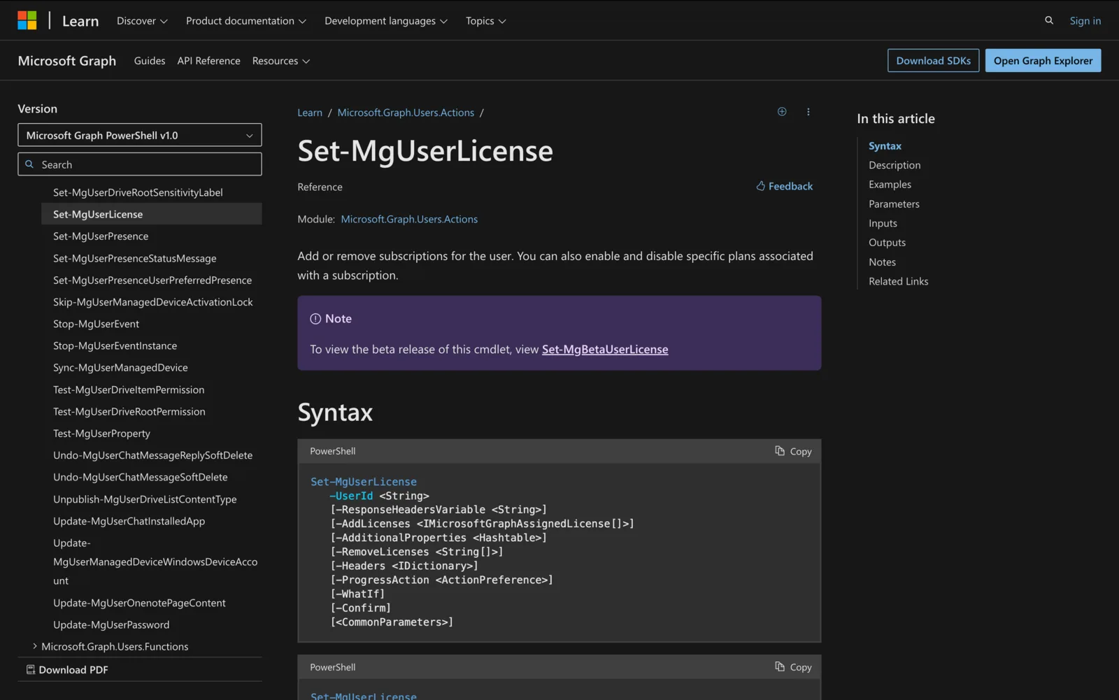 Microsoft Learn documentation for the Set-MgUserLicense cmdlet showing its PowerShell syntax