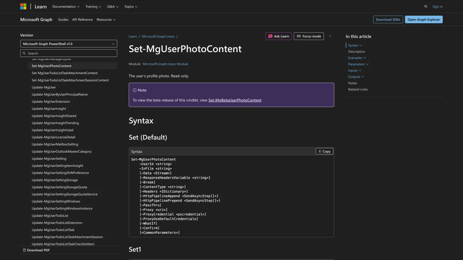 Microsoft Learn documentation for the Set-MgUserPhotoContent cmdlet showing its PowerShell syntax