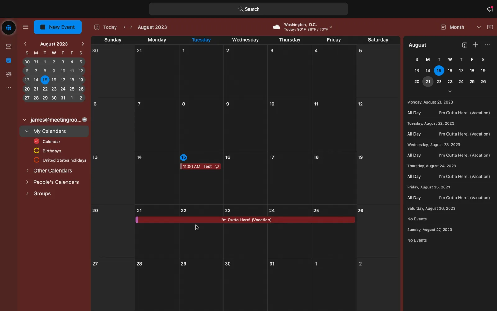 Outlook calendar month view with a multi day out of office vacation event blocked out