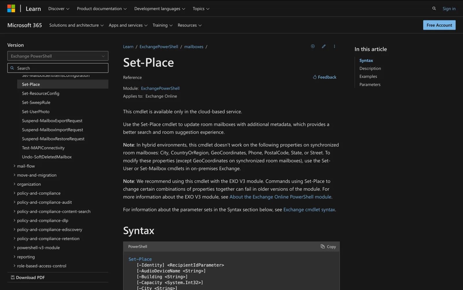 Microsoft Learn documentation for the Set-Place cmdlet showing its PowerShell syntax