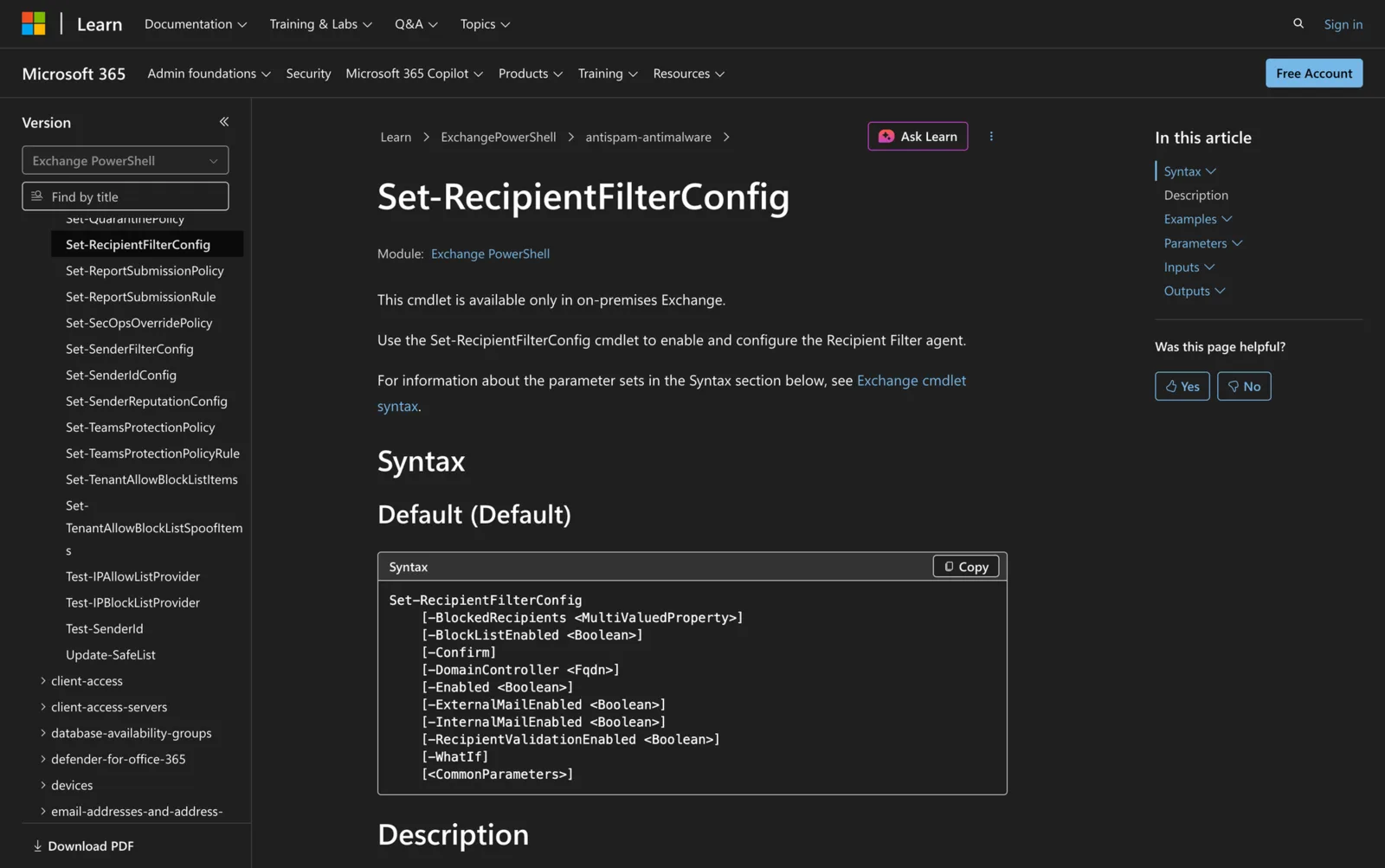 Microsoft Learn documentation for the Set-RecipientFilterConfig cmdlet showing its PowerShell syntax