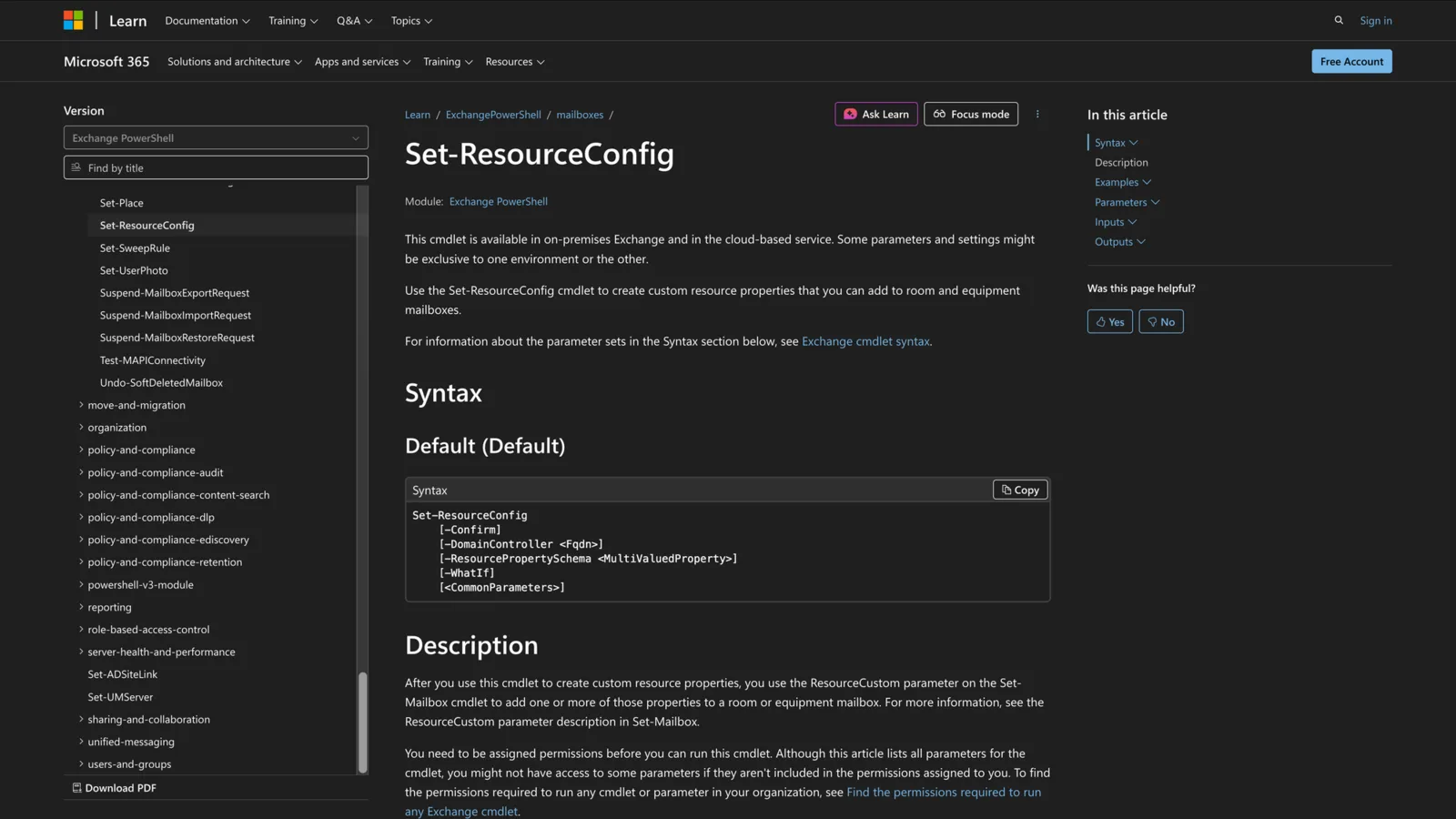 Microsoft Learn documentation for the Set-ResourceConfig cmdlet showing its PowerShell syntax