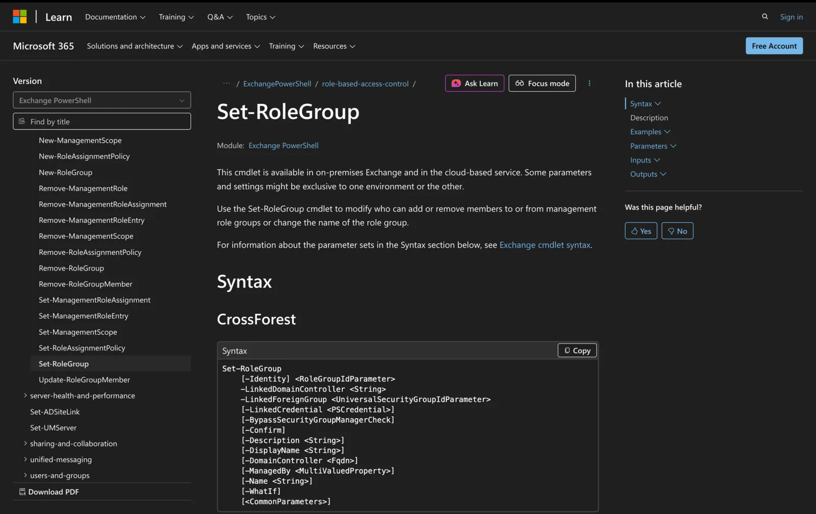Microsoft Learn documentation for the Set-RoleGroup cmdlet showing its PowerShell syntax