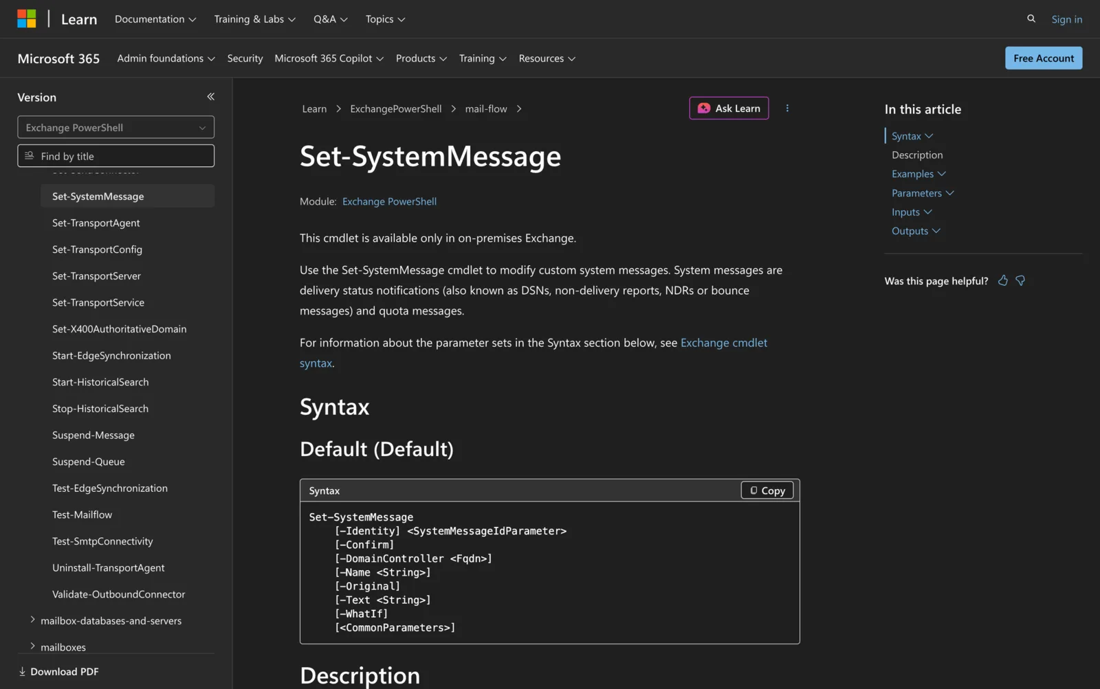 Microsoft Learn documentation for the Set-SystemMessage cmdlet showing its PowerShell syntax
