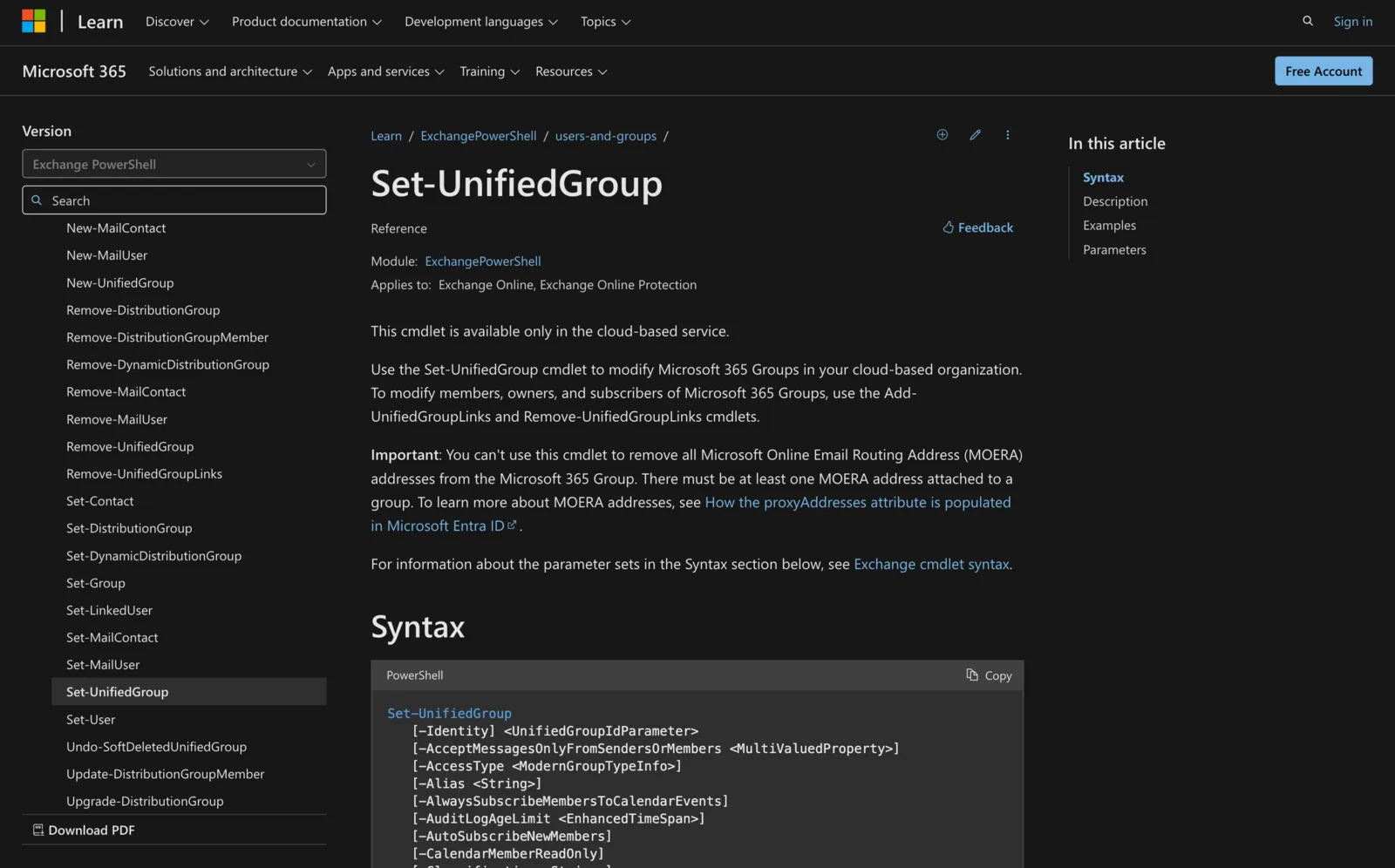 Microsoft Learn documentation for the Set-UnifiedGroup cmdlet showing its PowerShell syntax