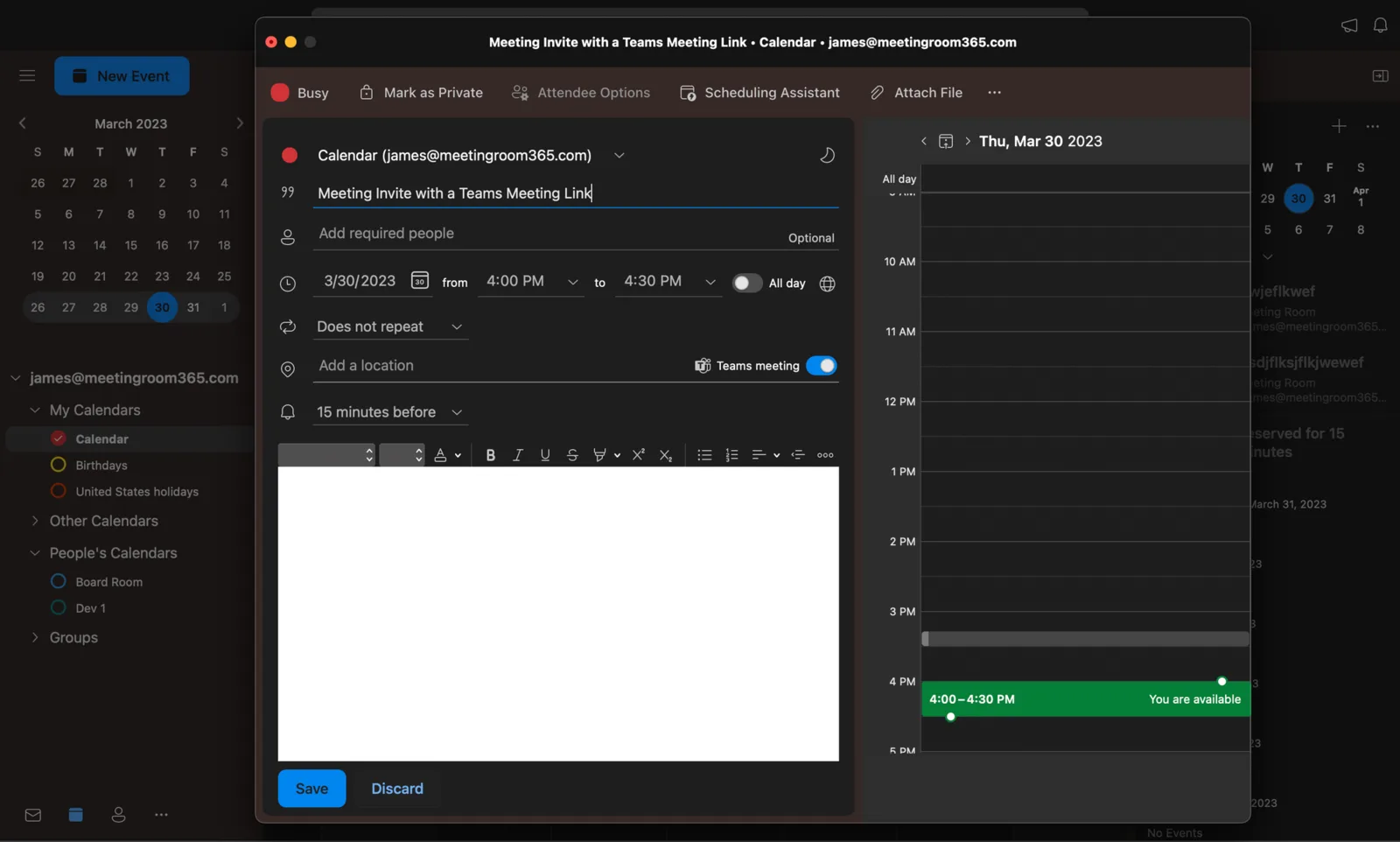 Outlook for Mac new event with the Teams meeting toggle switched on