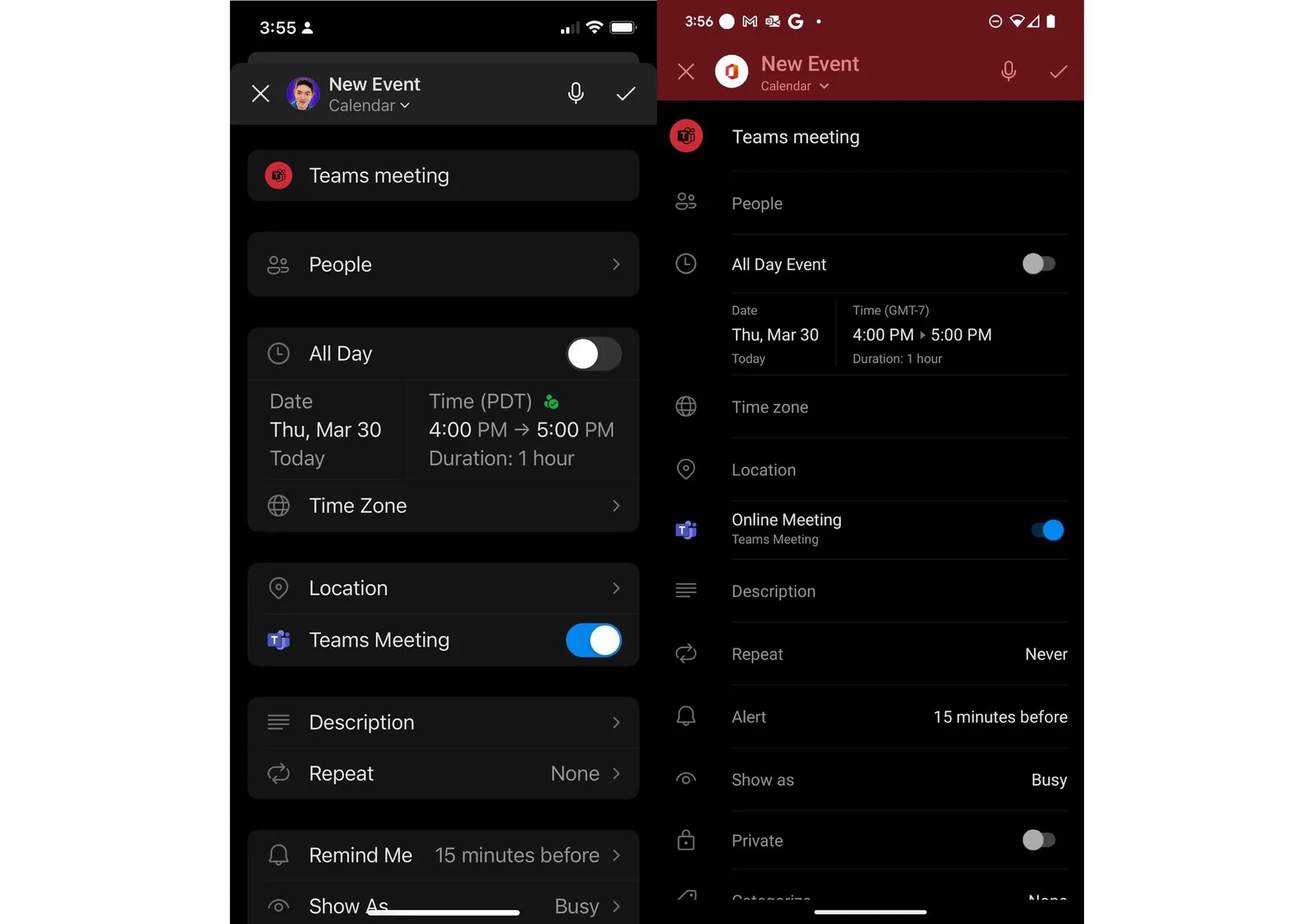 Outlook mobile new event screens on iOS and Android with the Teams meeting toggle enabled