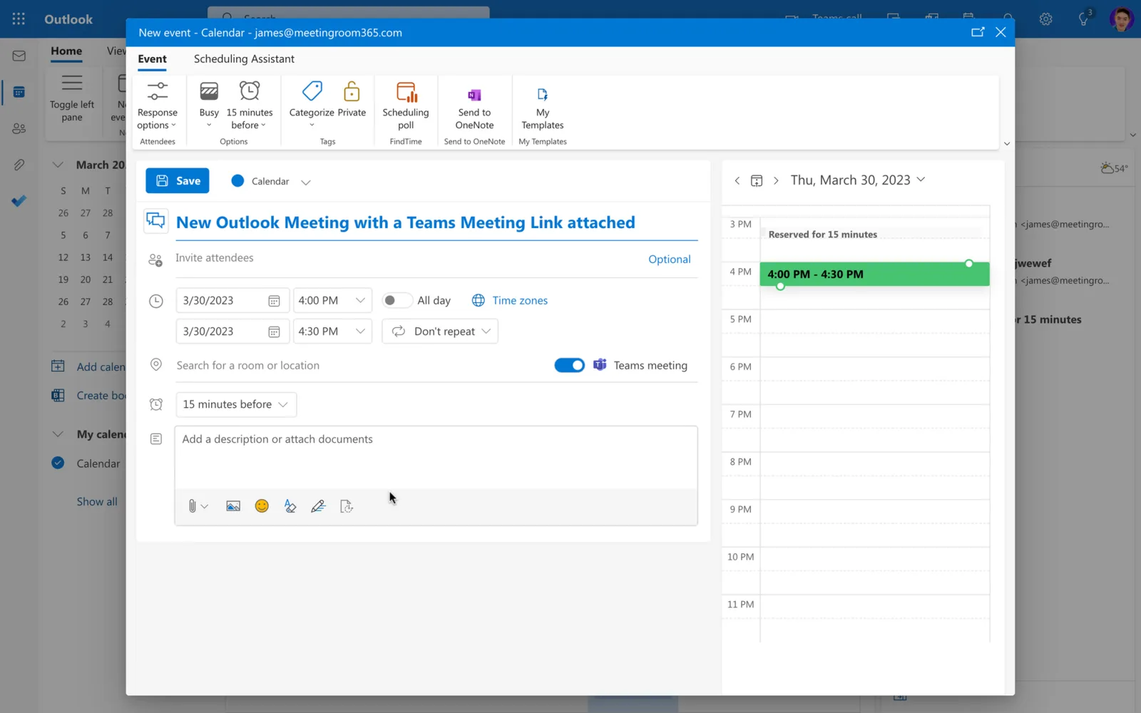Outlook new meeting window with a Teams meeting link attached and the Scheduling Assistant beside it