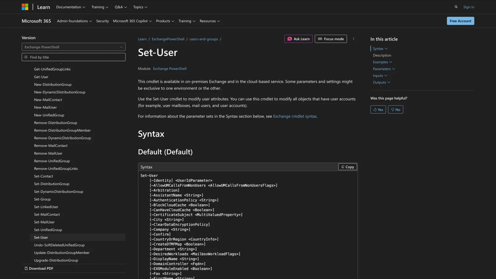 Microsoft Learn documentation for the Set-User cmdlet showing its PowerShell syntax
