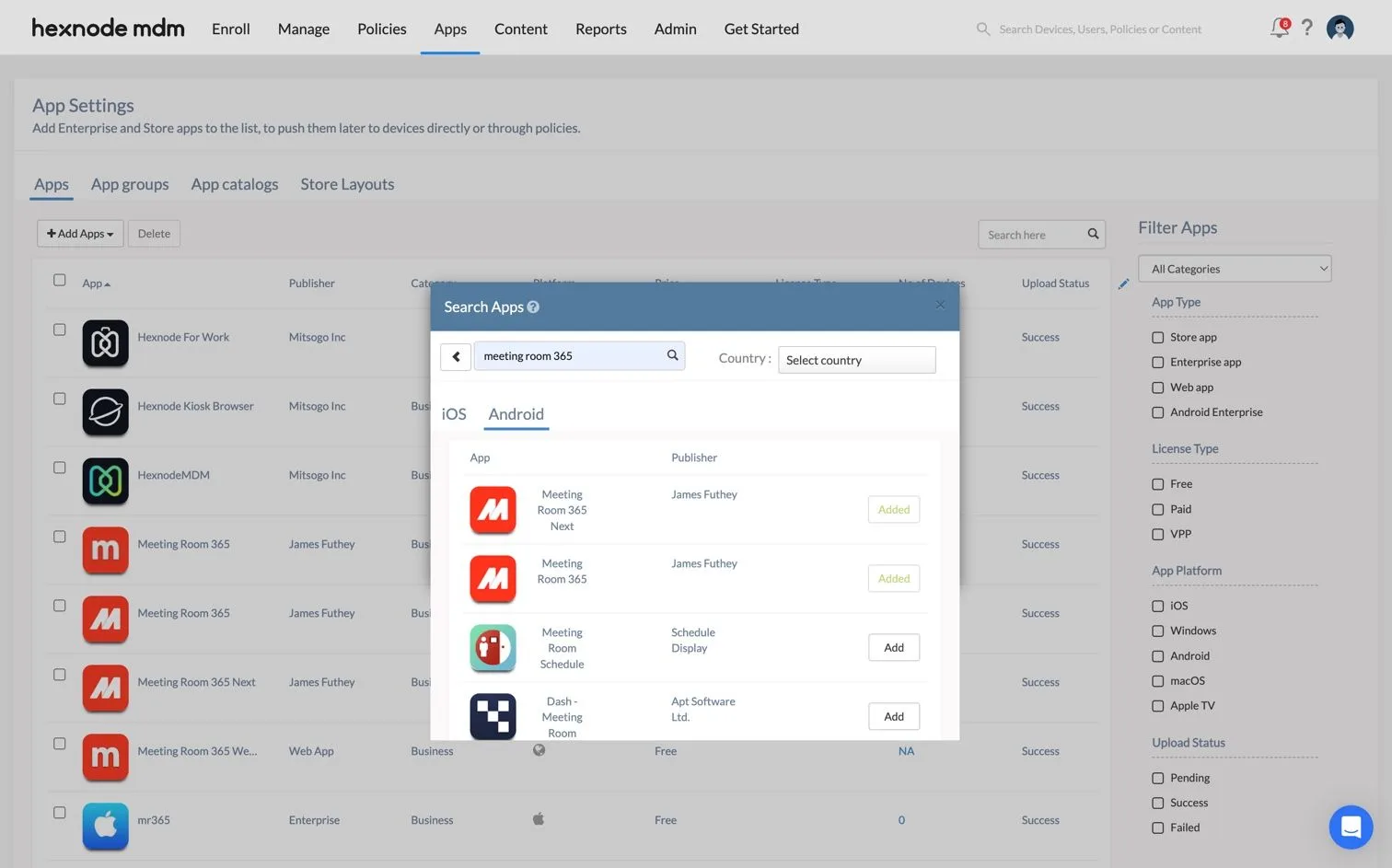 Hexnode MDM app settings with the app search dialog showing the Meeting Room 365 apps