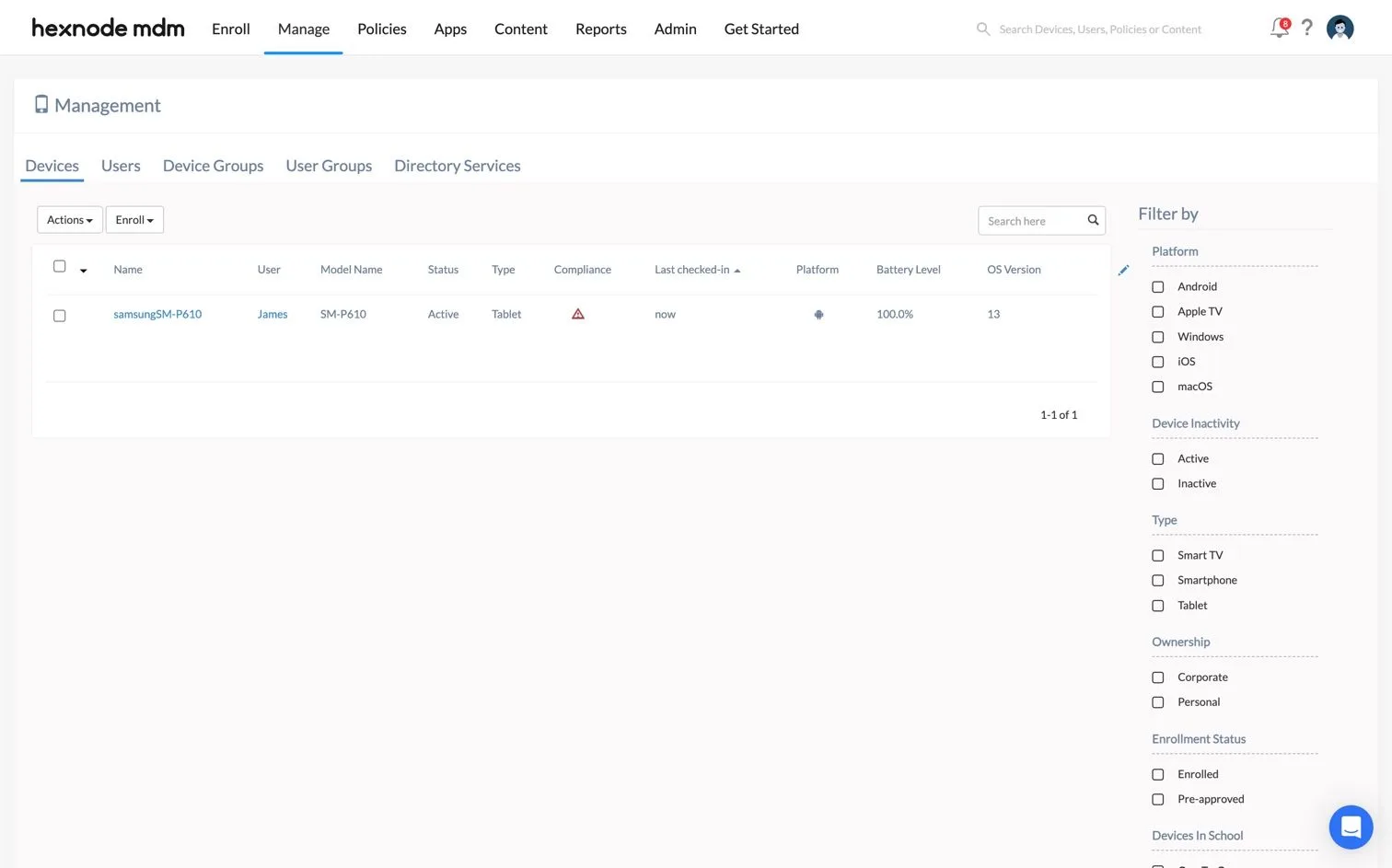 Hexnode management page listing an enrolled Android tablet ready for policy assignment